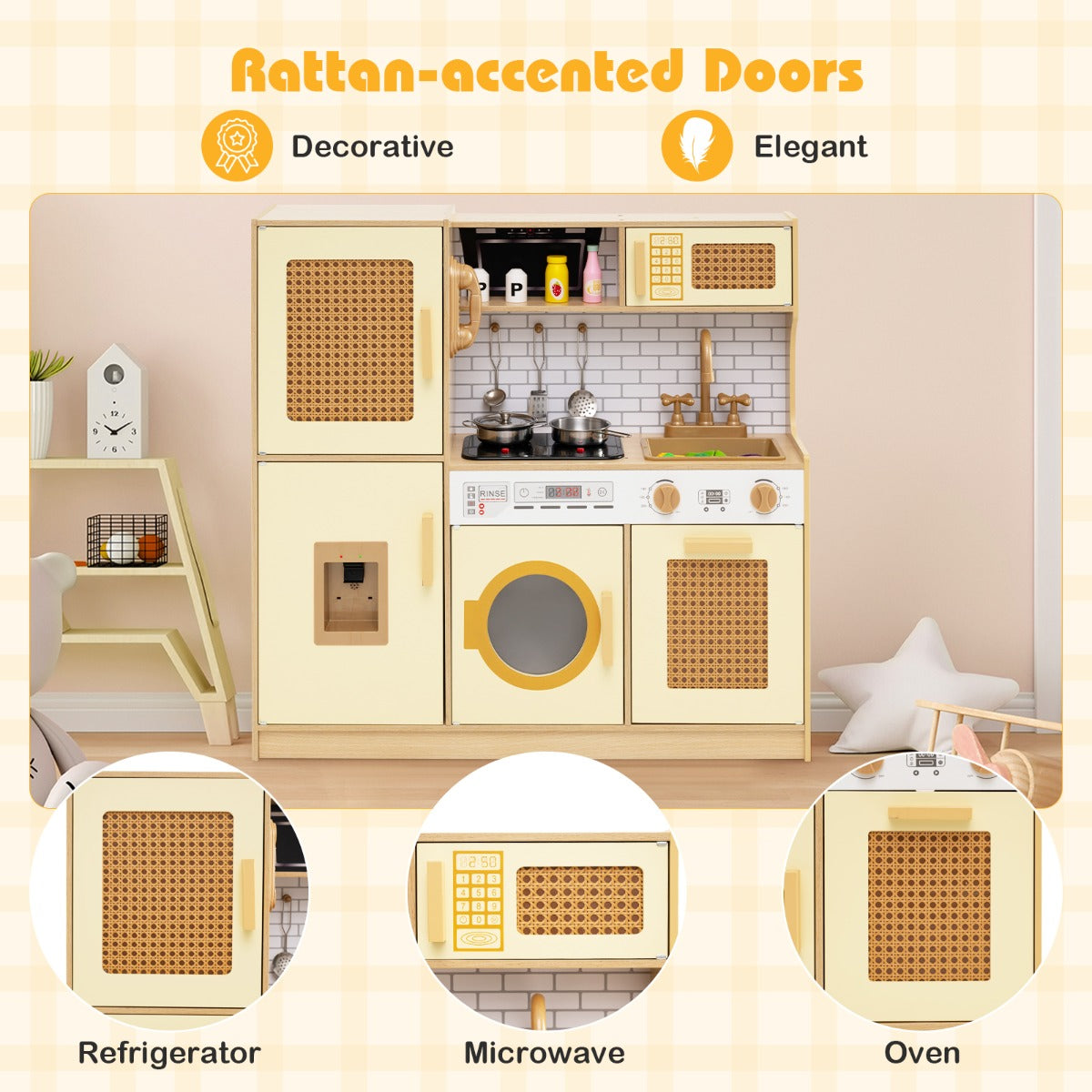 LIVSK Houten Speelkeuken met Rieten Deuren - Koelkast, Magnetron & Oven - Geluid- en Lichteffecten - Inclusief Kookaccessoires -