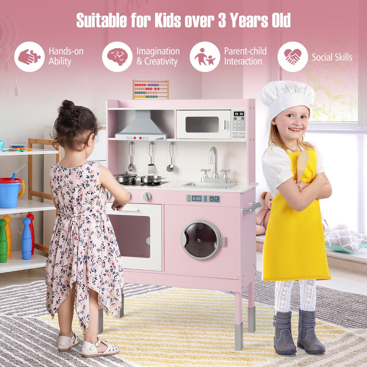 LIVSK Kinderspeelkeuken - Hoogwaardige Materialen - Verstelbare Hoogte - Afzuigkap met Geluid - Inclusief Keukengerei - Roze