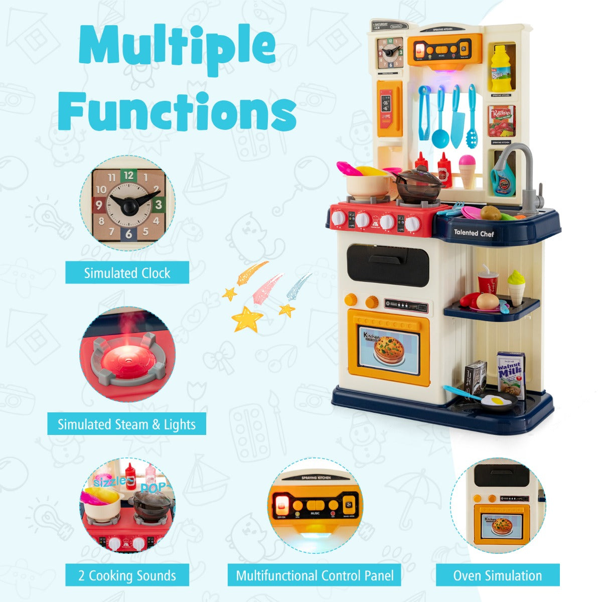LIVSK Rollenspelkeukenset voor Kinderen - 65 Accessoires - Realistische Geluiden en Lichten - Veilig en Duurzaam - Blauw