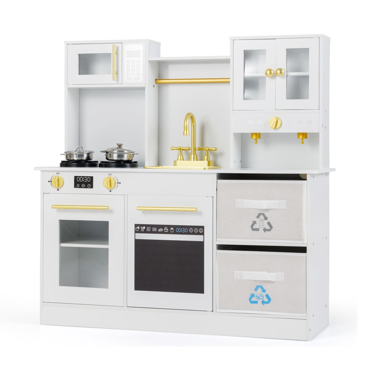 LIVSK Houten Speelkeuken - Met Licht en Geluid - Inclusief Magnetron en Vaatwasser - Opruimruimte - 91 x 30 x 90 cm - Wit