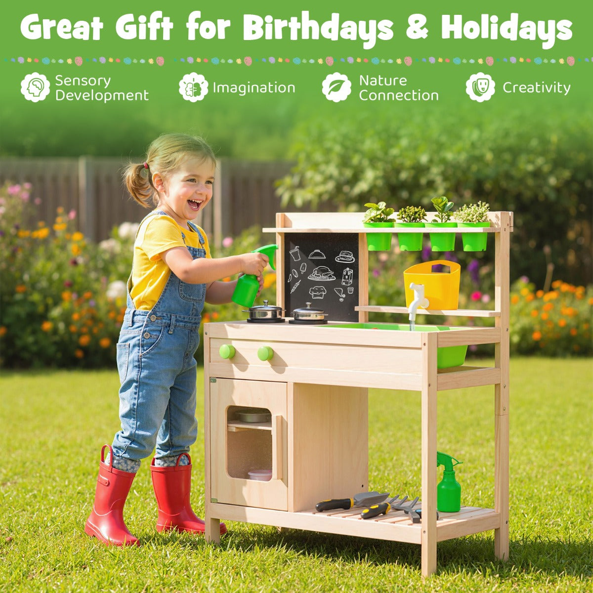 Livsk costway kinderkeuken van modder imitatiekeuken met schoolbord houten buitenspeelgoed 2
