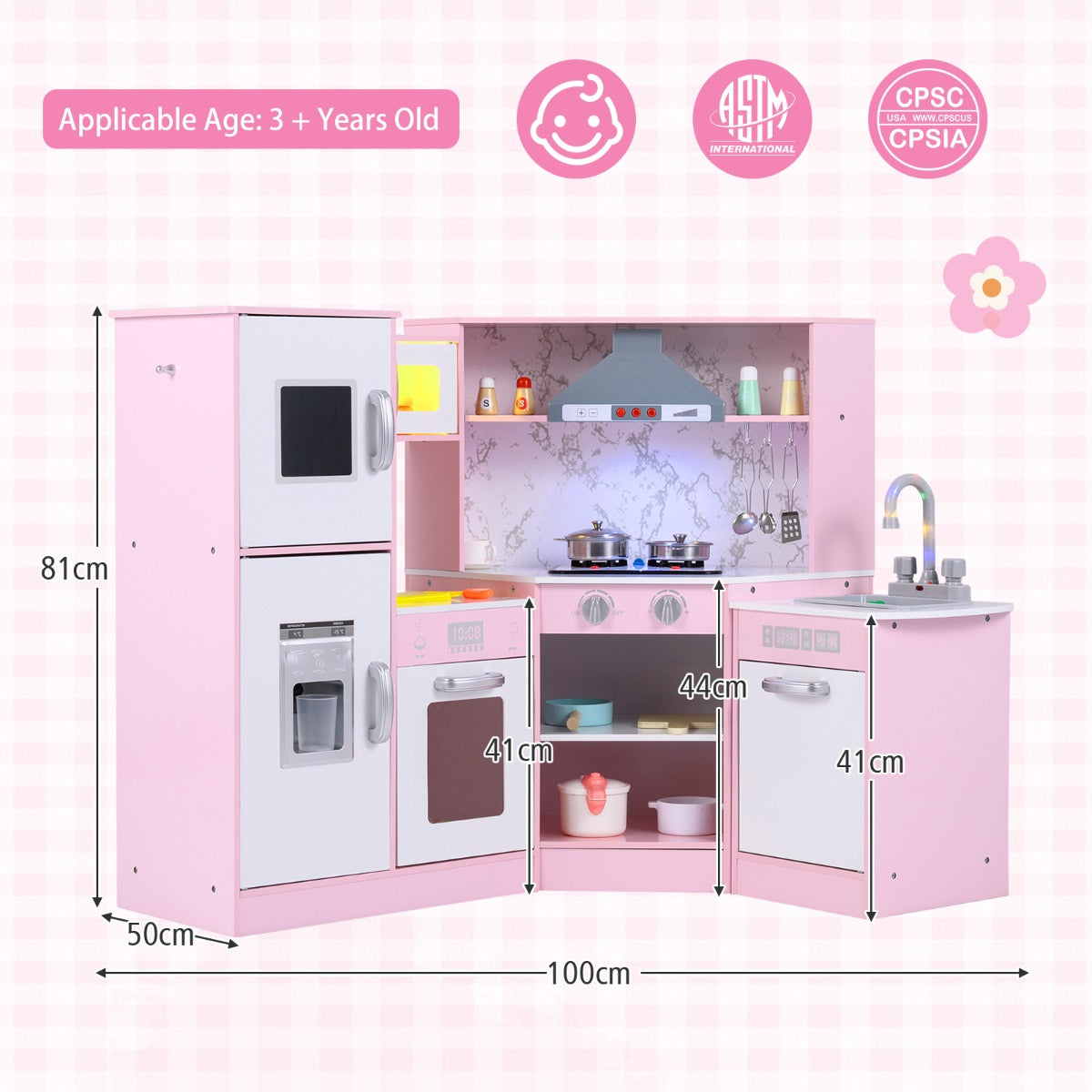 Livsk costway kinderkeuken voor kinderen 3 hout speelkeuken met licht en geluid houten keuken hoek met bord incl accessoires roze 1 1