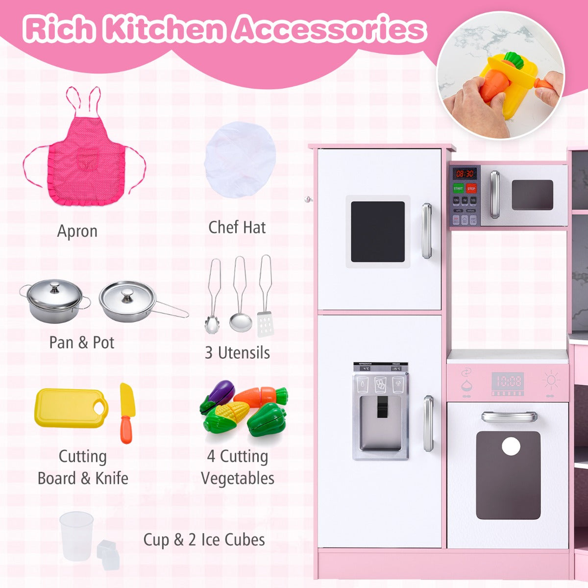 Livsk costway kinderkeuken voor kinderen 3 hout speelkeuken met licht en geluid houten keuken hoek met bord incl accessoires roze 6
