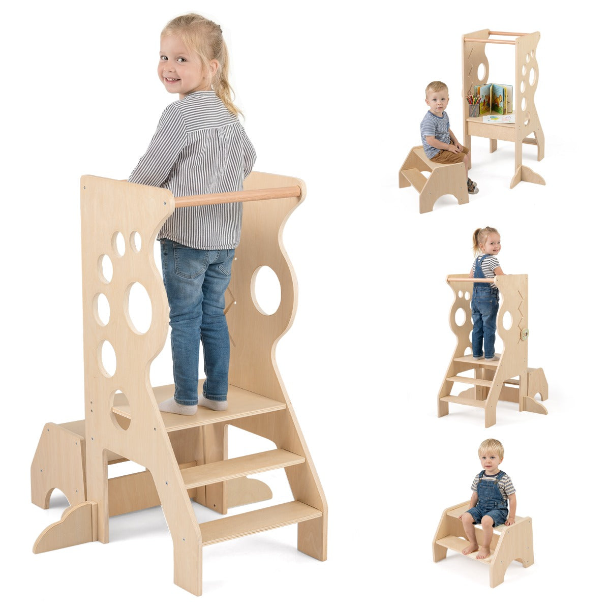 Livsk costway kinderkeukenkruk 2 in 1 houten sta toren met afneembare veiligheidsstangen 2 traps kruk 1 1