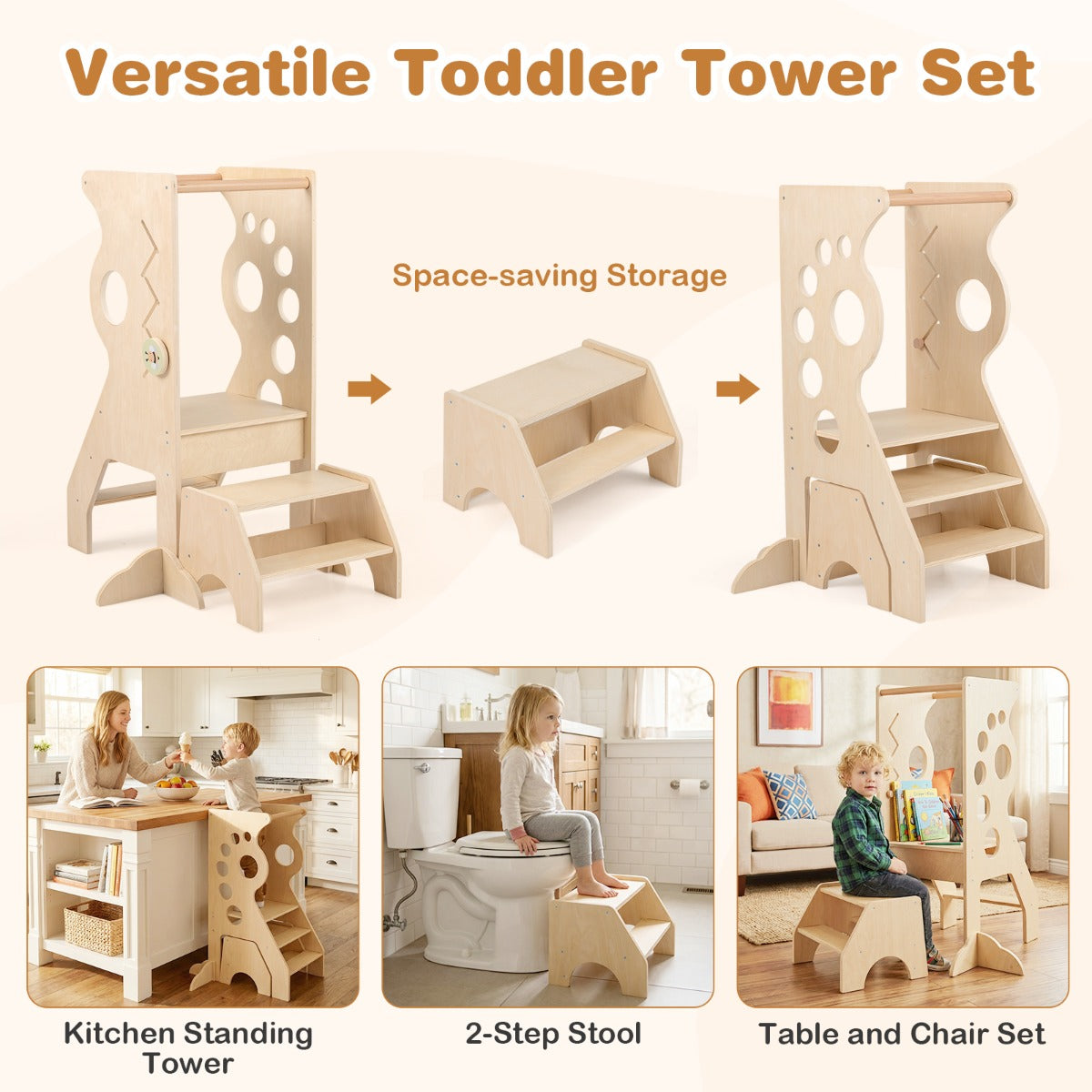 Livsk costway kinderkeukenkruk 2 in 1 houten sta toren met afneembare veiligheidsstangen 2 traps kruk 5