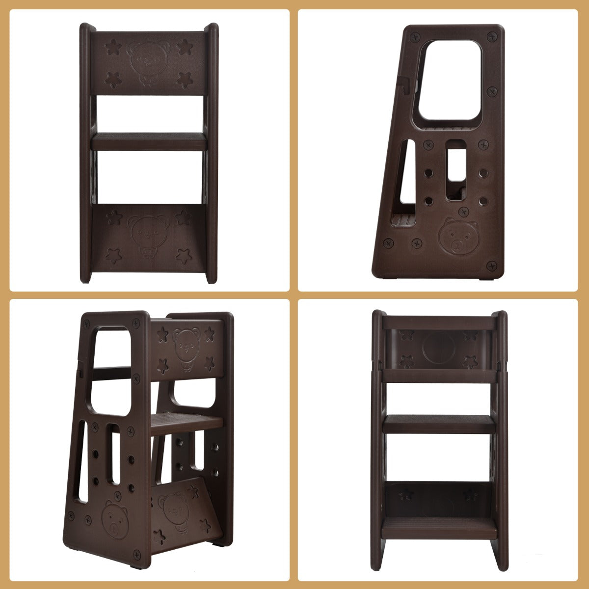 LIVSK Peuterstapkruk - Verstelbare Hoogtes - Dubbele Veiligheidsrails - Antislip - Tot 90 kg - 46,5 x 46,5 x 90 cm - Bruin