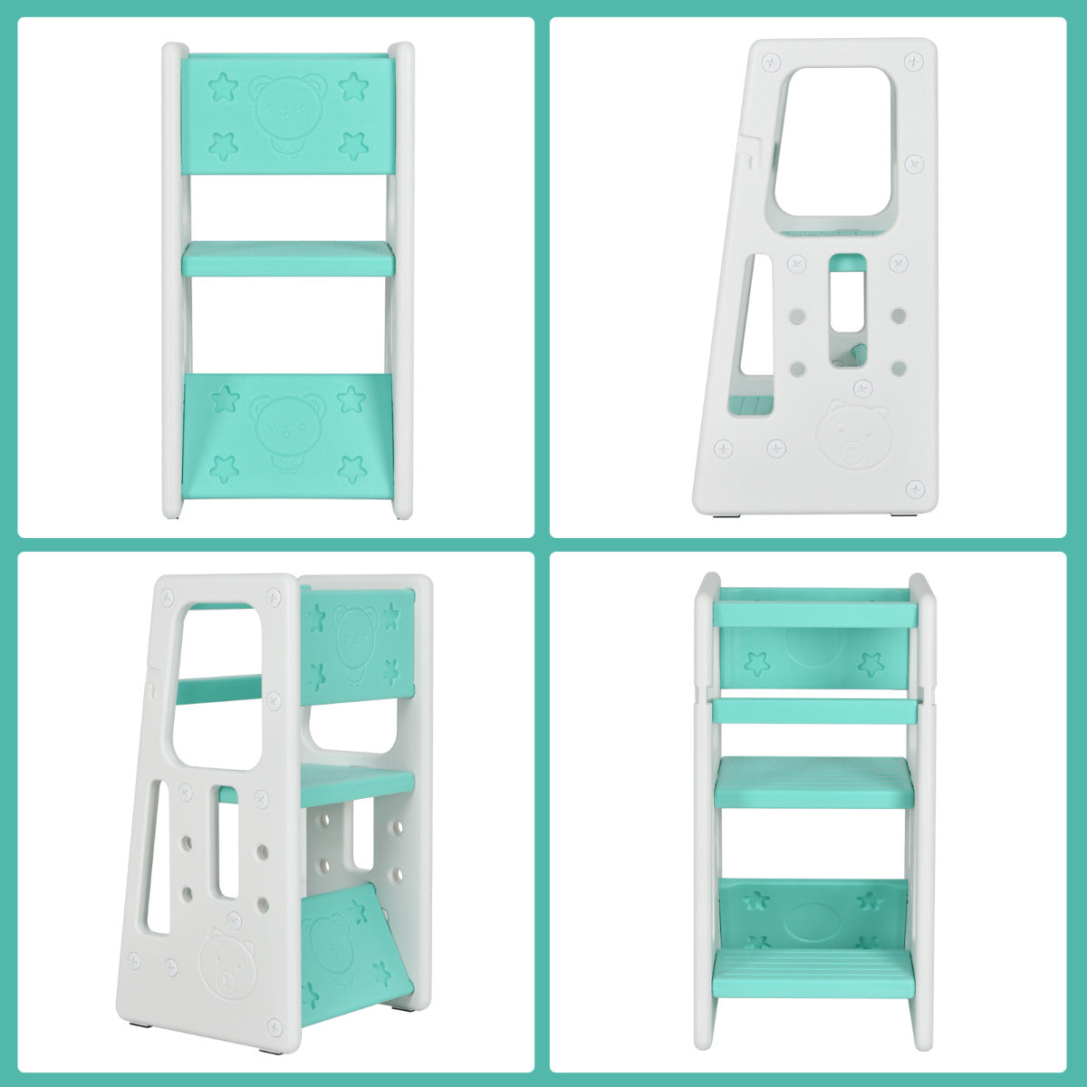 LIVSK Kinderkeuken Opstapkrukje - Verstelbare Hoogtes - Dubbele Veiligheidsrails - Antislip Treden - Voor Kinderen - Groen