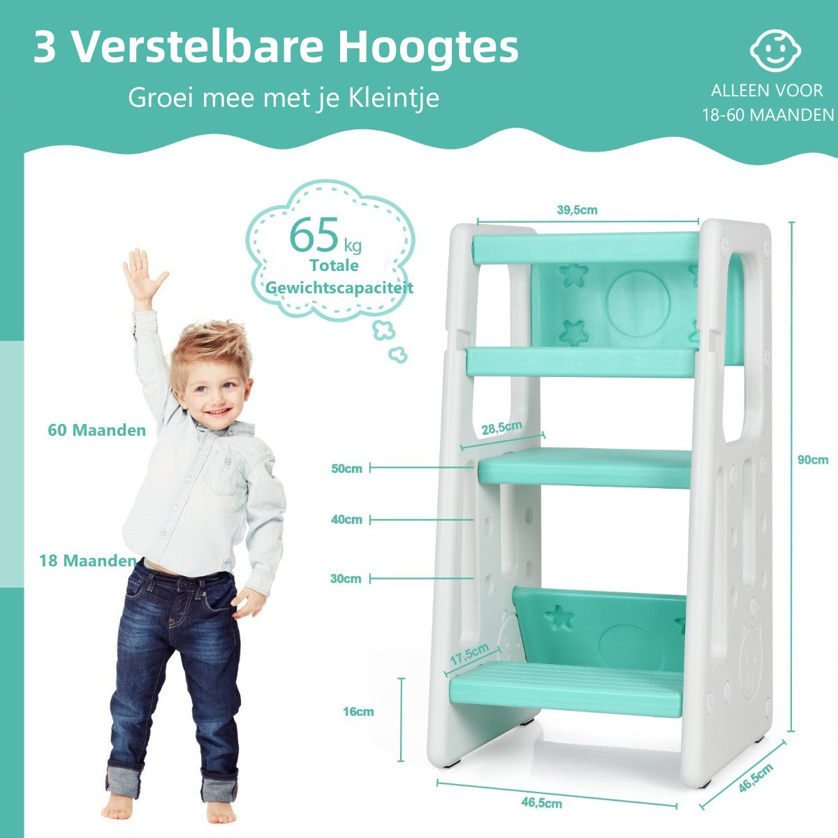 LIVSK Kinderkeuken Opstapkrukje - Verstelbare Hoogtes - Dubbele Veiligheidsrails - Antislip Treden - Voor Kinderen - Groen