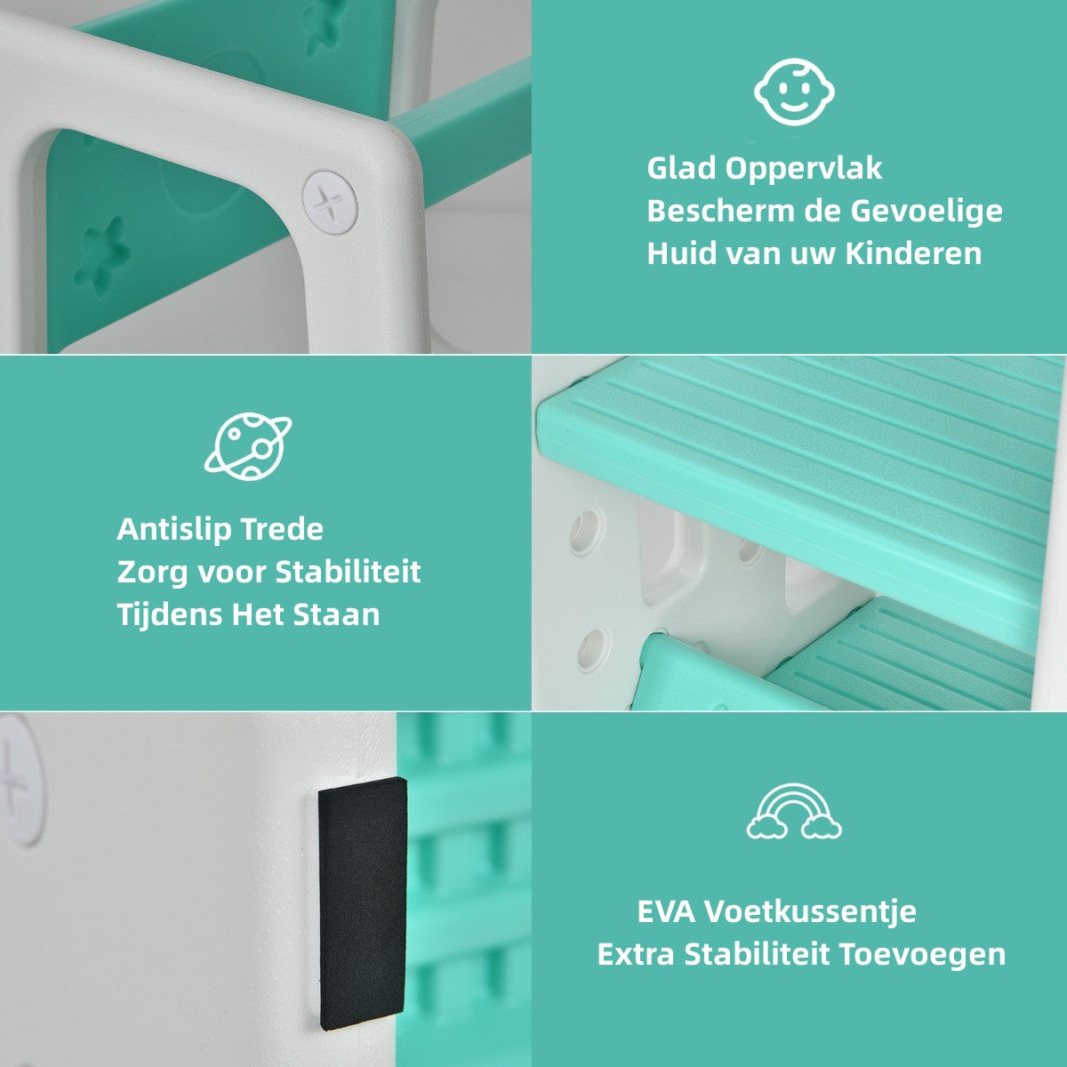 LIVSK Kinderkeuken Opstapkrukje - Verstelbare Hoogtes - Dubbele Veiligheidsrails - Antislip Treden - Voor Kinderen - Groen