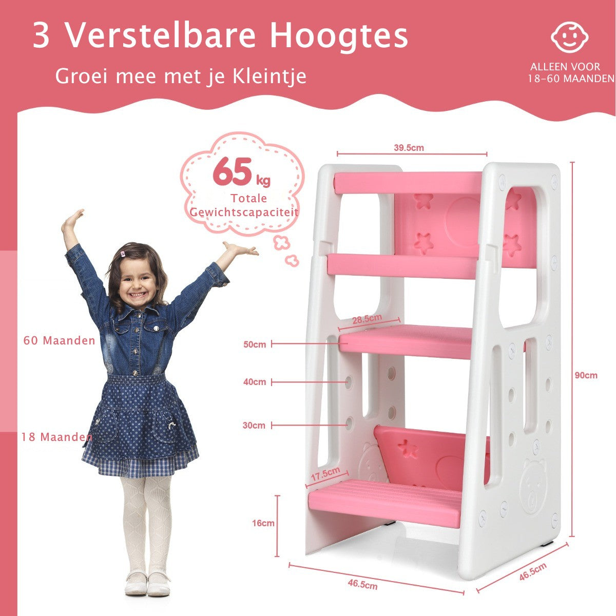 LIVSK Kinderkeukenkruk - Verstelbaar in 3 Hoogtes - Antislip - Veiligheidsleuningen - Draagvermogen 90 kg - Roze