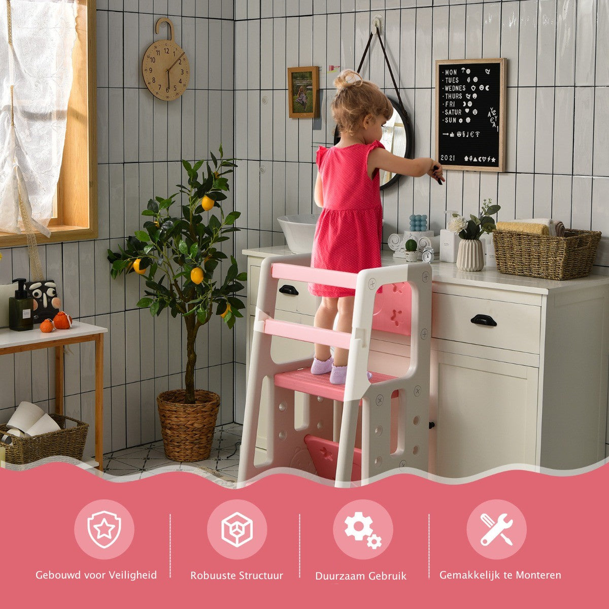 LIVSK Kinderkeukenkruk - Verstelbaar in 3 Hoogtes - Antislip - Veiligheidsleuningen - Draagvermogen 90 kg - Roze