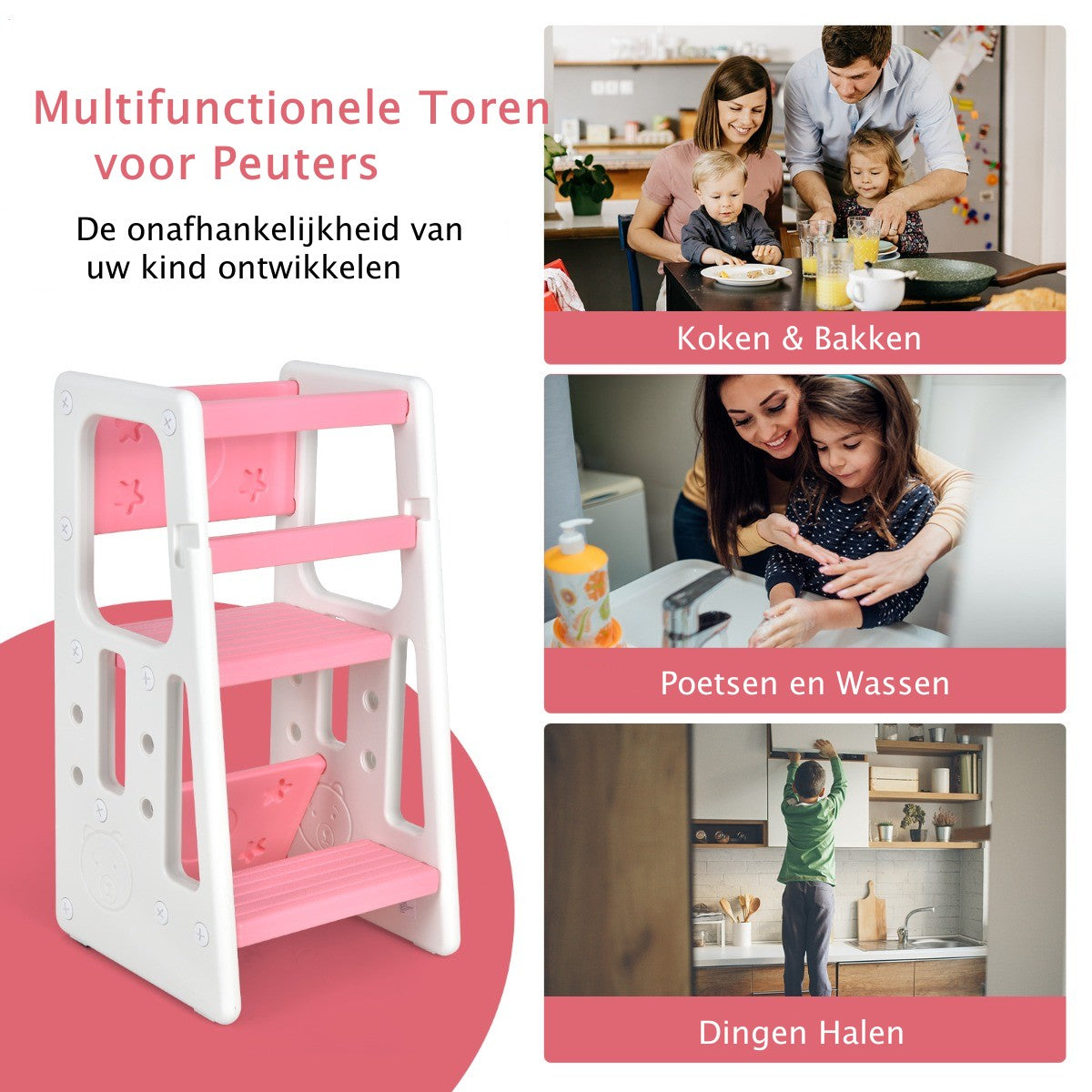 LIVSK Kinderkeukenkruk - Verstelbaar in 3 Hoogtes - Antislip - Veiligheidsleuningen - Draagvermogen 90 kg - Roze