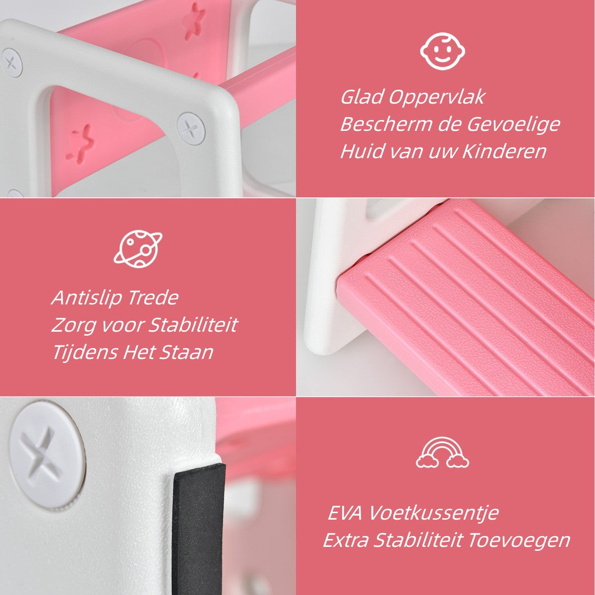 LIVSK Kinderkeukenkruk - Verstelbaar in 3 Hoogtes - Antislip - Veiligheidsleuningen - Draagvermogen 90 kg - Roze