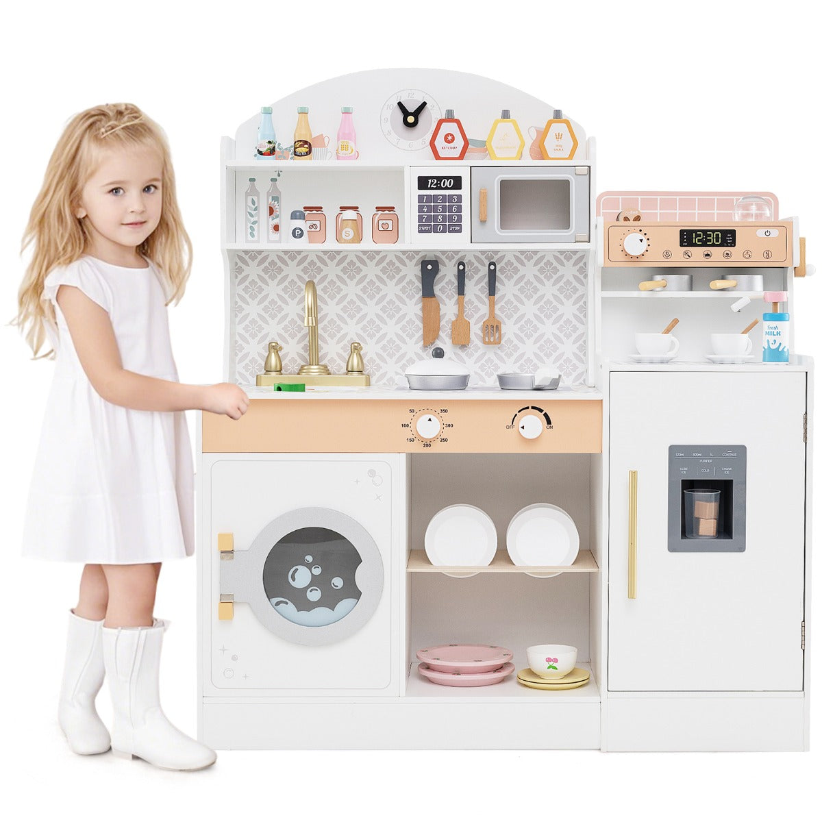 LIVSK Houten Speelkeuken met Koffiemachine en Ijsmachine - Interactief Rollenspel - Veilig Ontwerp - Voor Kinderen vanaf 3 jaar -