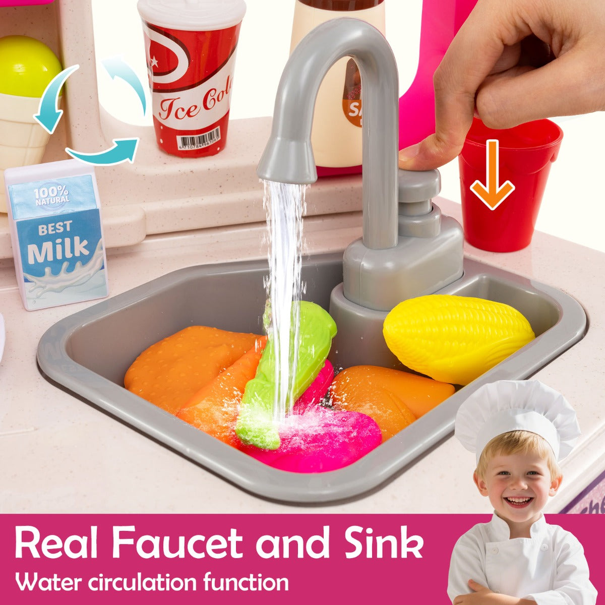 LIVSK Hoekkeuken voor Kinderen - Met Licht en Geluid - 75 Accessoires - Watercirculatiefunctie - Creatief Spel - Blauw/Roze
