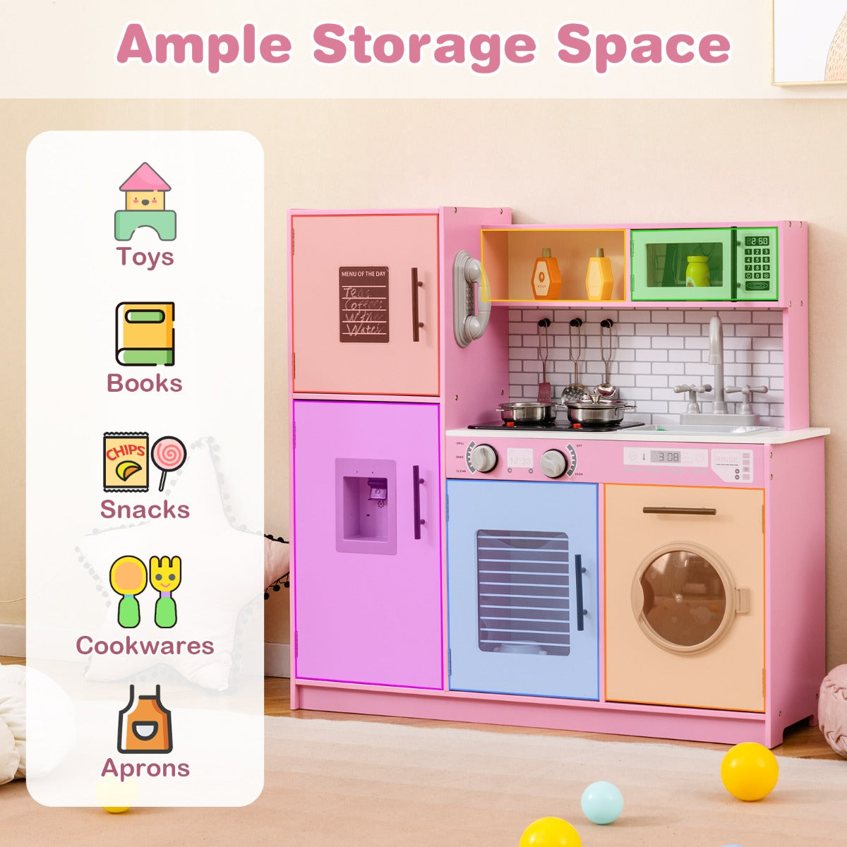 LIVSK Kinderspeelkeuken met Waterdispenser en Realistische Apparaten - Inclusief Magnetron en Wasmachine - Wit + Zwart + Goud