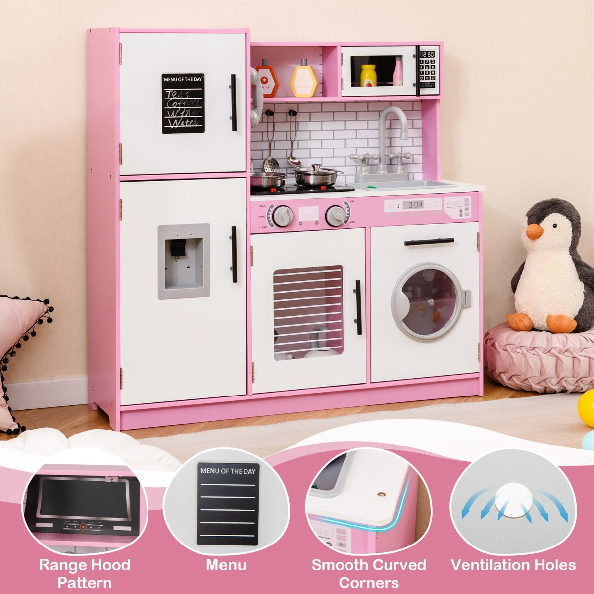 LIVSK Kinderspeelkeuken met Waterdispenser en Realistische Apparaten - Inclusief Magnetron en Wasmachine - Wit + Zwart + Goud