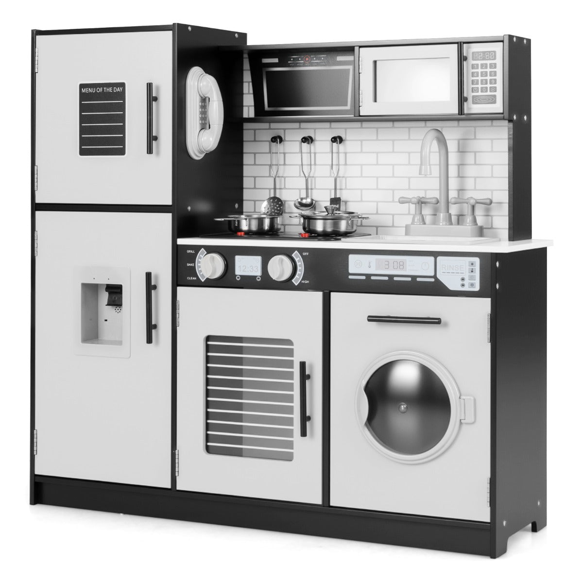 LIVSK Kinderkeukenset met Oven en Magnetron - Verlicht Fornuis met Interactieve Knoppen - Inclusief Waterdispenser - Zwart