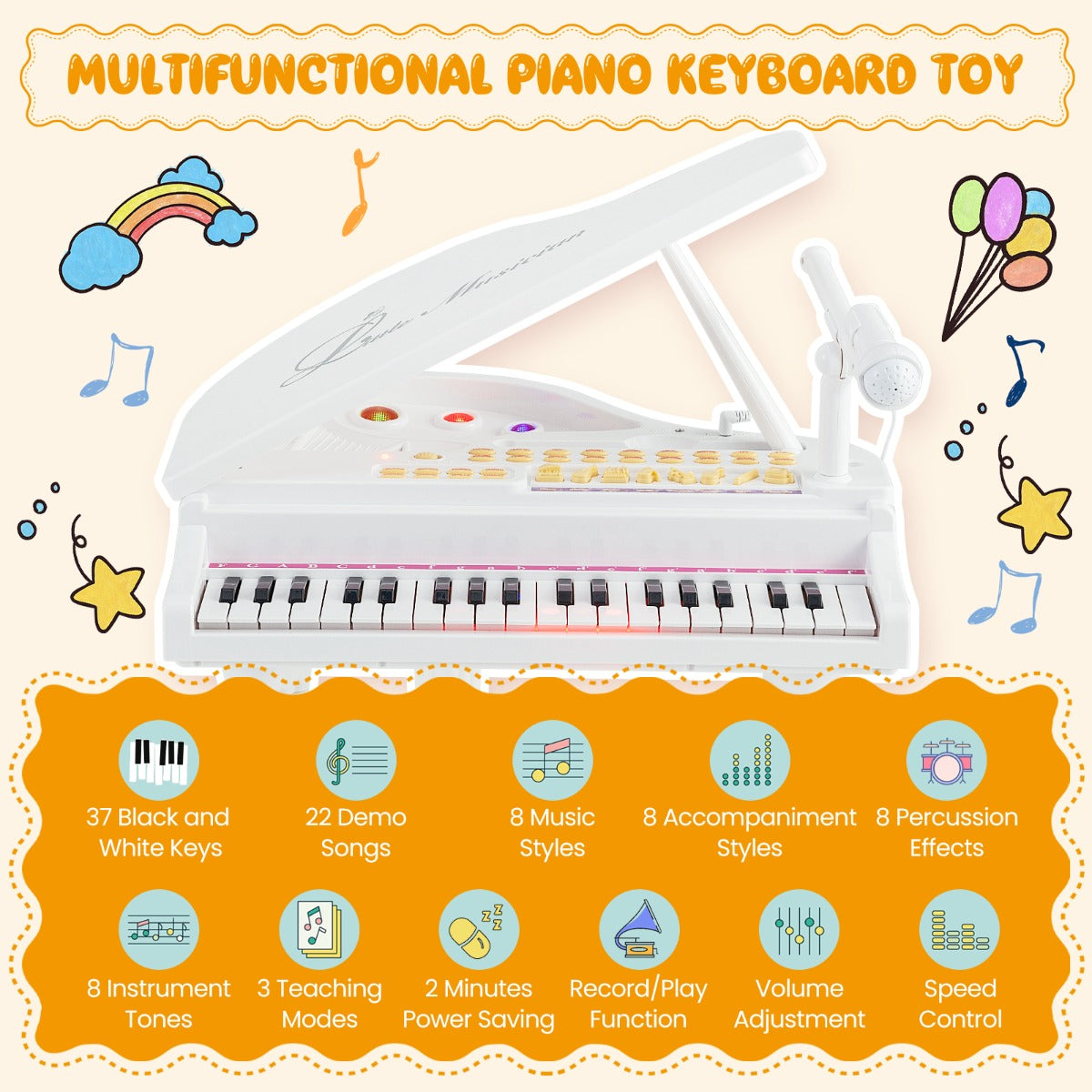 LIVSK Elektronische Kinderkeyboard - 37 Toetsen - Inclusief Kruk en Microfoon - Opnamefunctie - LED-leermodi - Wit
