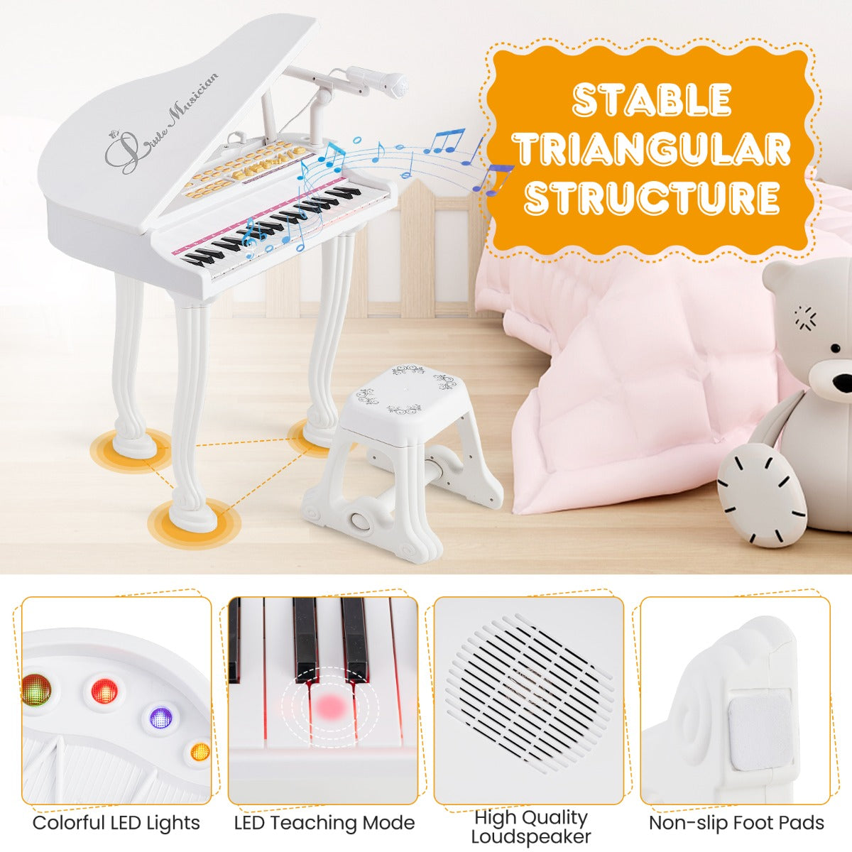 LIVSK Elektronische Kinderkeyboard - 37 Toetsen - Inclusief Kruk en Microfoon - Opnamefunctie - LED-leermodi - Wit