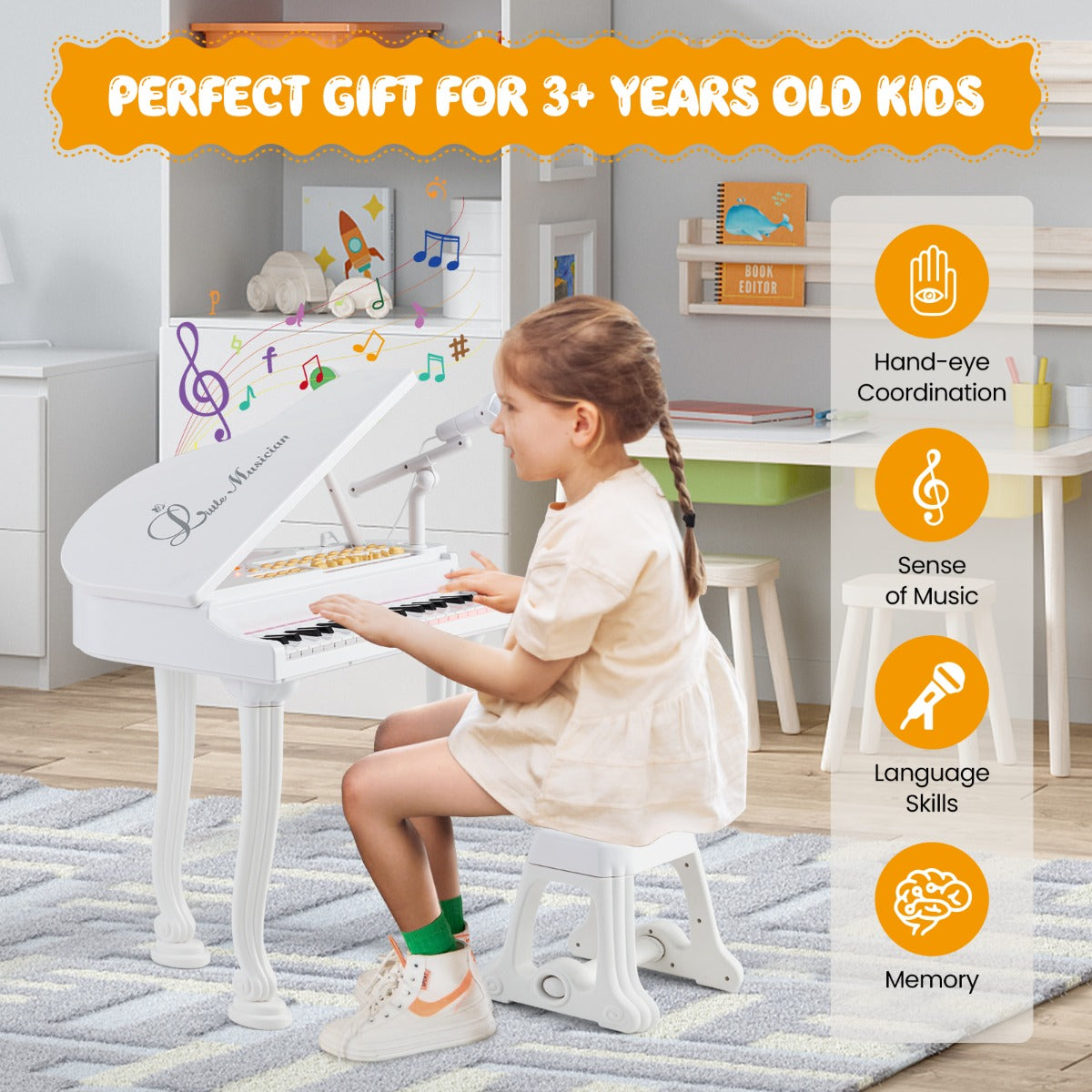 LIVSK Elektronische Kinderkeyboard - 37 Toetsen - Inclusief Kruk en Microfoon - Opnamefunctie - LED-leermodi - Wit