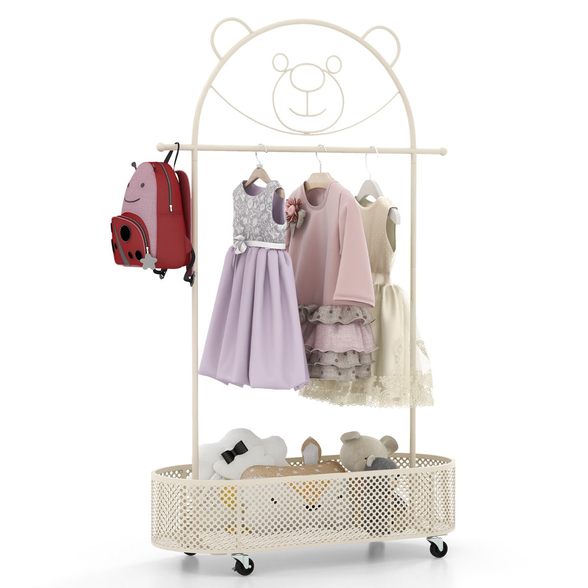 LIVSK Verstelbaar Kinderkledingrek - Metaal Frame - 3 Hoogtes - 4 Wielen - Berenmotief - 81 x 34 x 182/150/130 cm - Wit