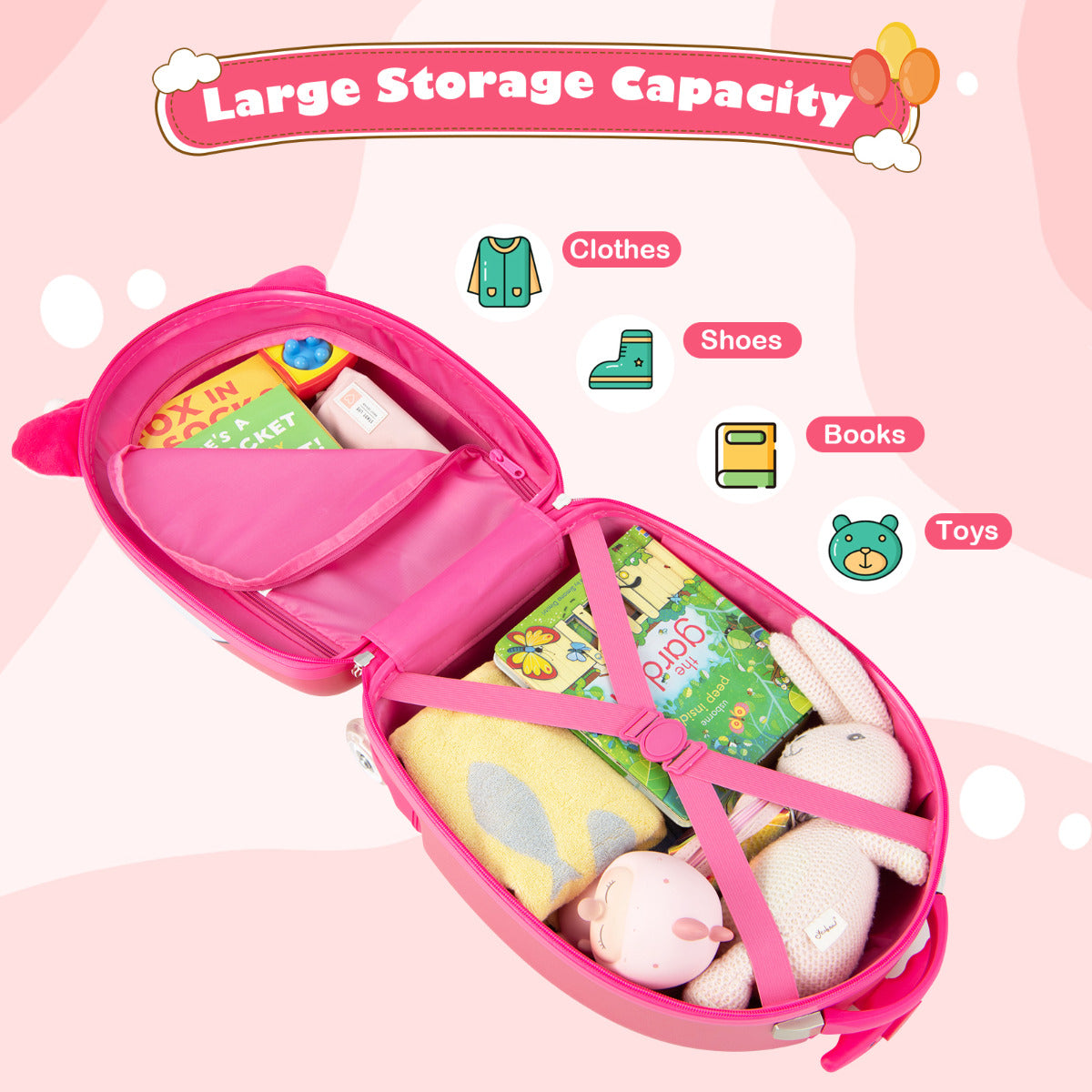 LIVSK Kindertrolley met Dierenpatroon - Verstelbaar Handvat - Krasbestendig - LED Wielen - 33 x 22 x 45 cm - Roze+Wit