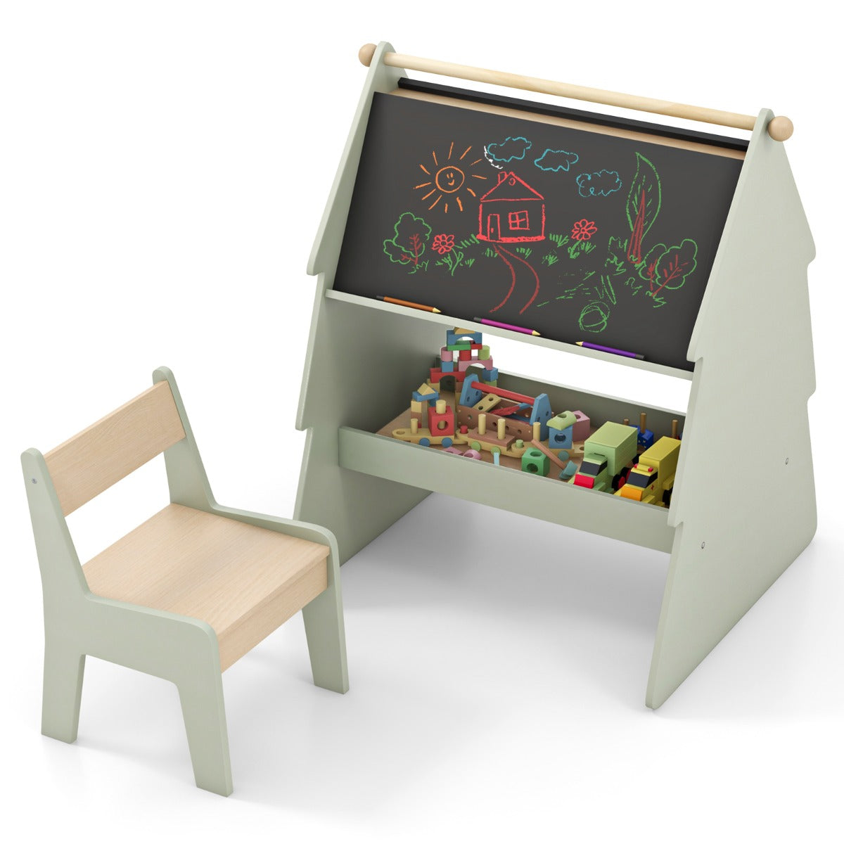 LIVSK 2-in-1 Kunstezel met Krukje - Dubbelzijdig Krijtbord - Papierrolhouder - Veilig en Stabiel - Voor Kinderen - Groen +