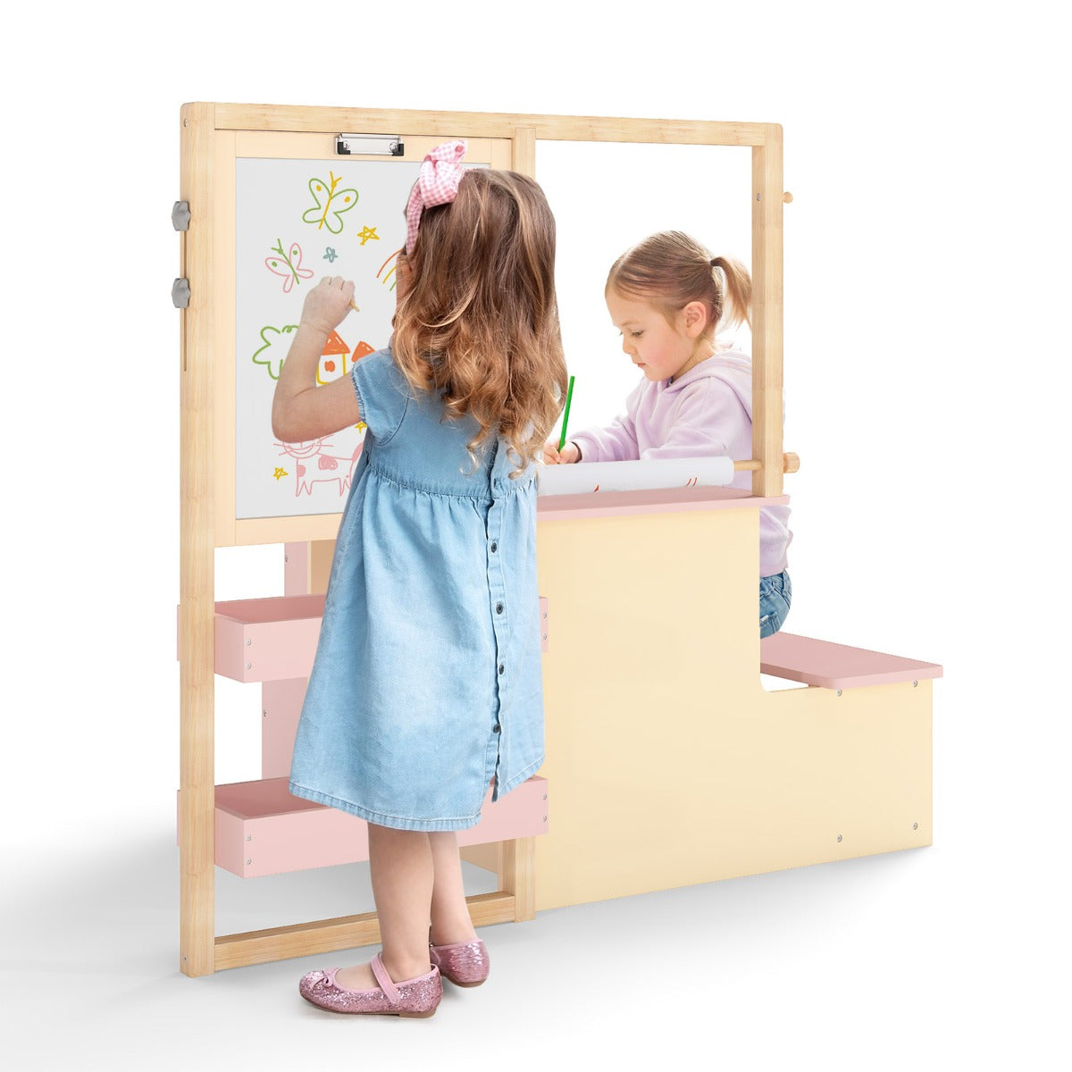 Livsk costway kinderkunstschildersezel met bureau en kruk multifunctioneel houten kunstcentrum met omkeerbare schildersezel 1 1
