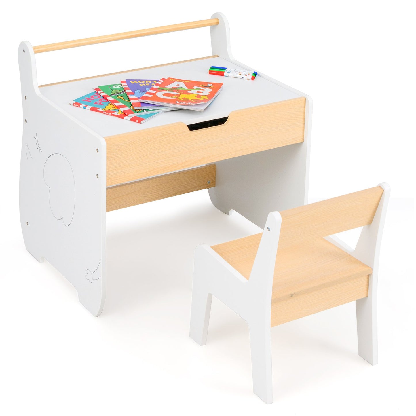 LIVSK 3-in-1 Kindertafel en Stoelset - Afneembaar Tafelblad - Whiteboard en Schoolbord - Geïntegreerde Opbergruimte - Natuurlijk