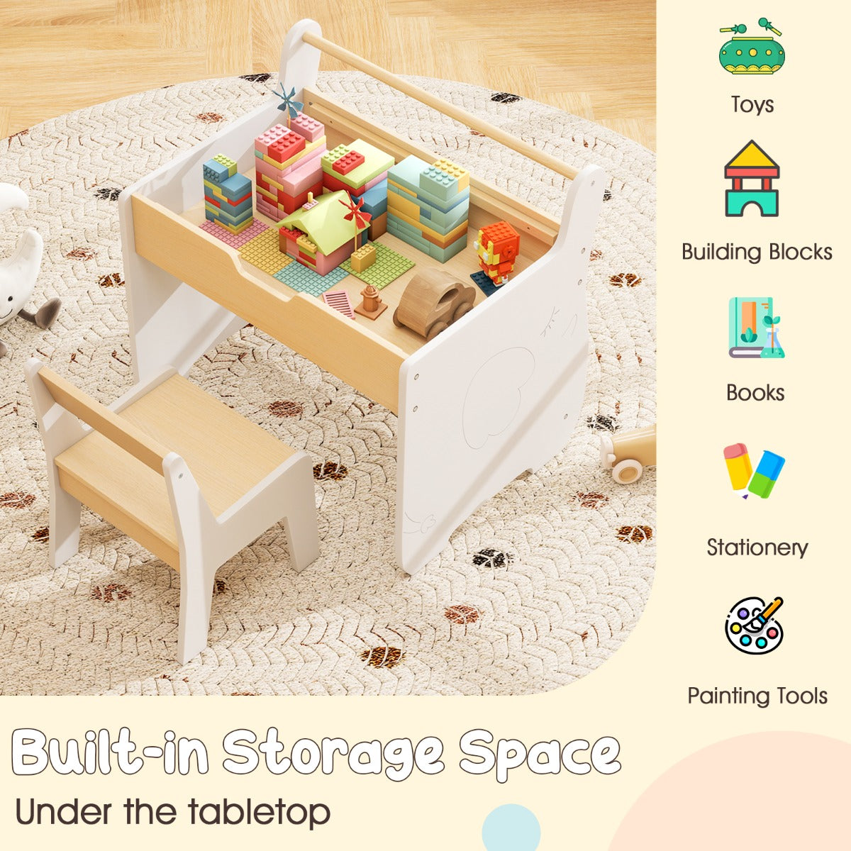 LIVSK 3-in-1 Kindertafel en Stoelset - Afneembaar Tafelblad - Whiteboard en Schoolbord - Geïntegreerde Opbergruimte - Natuurlijk