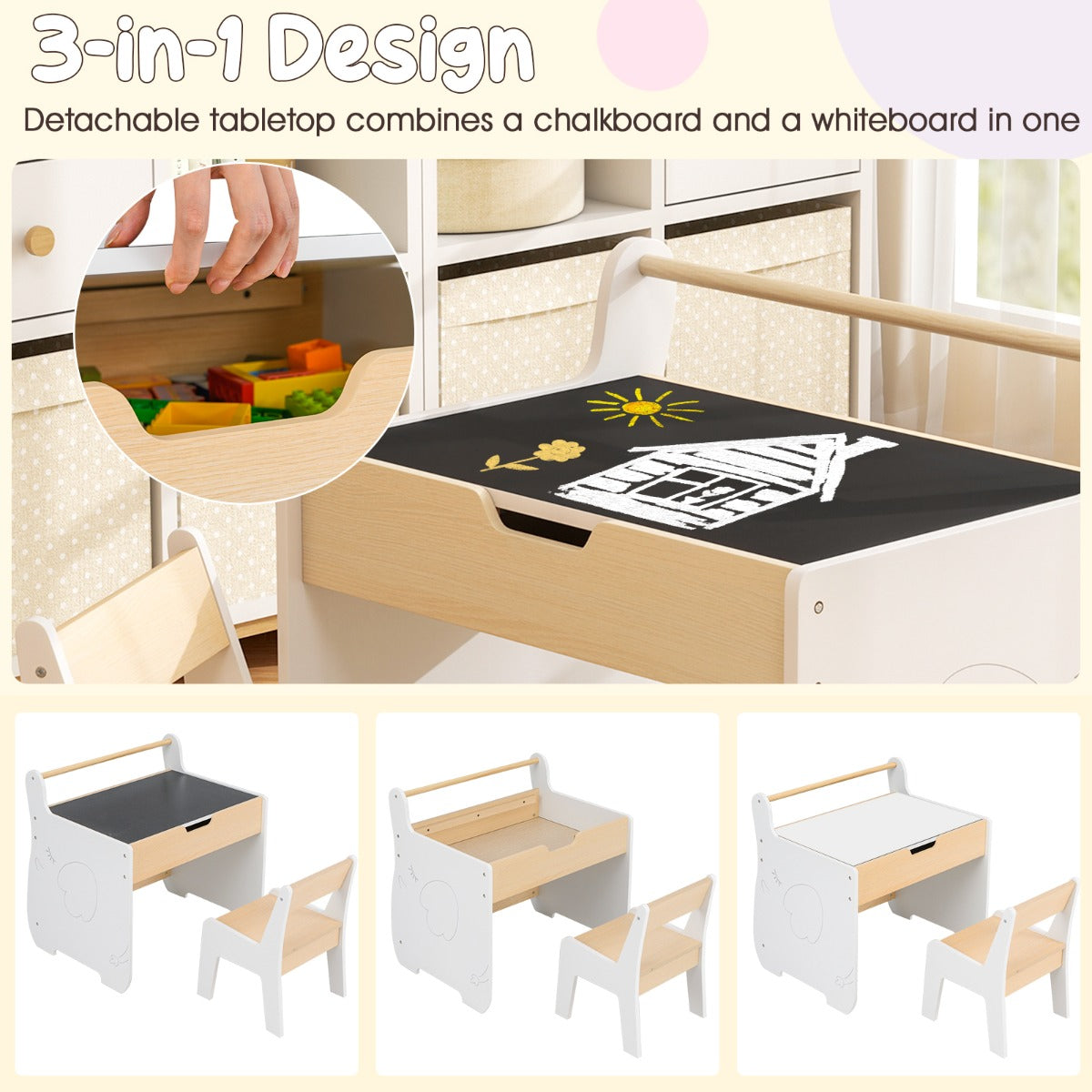 LIVSK 3-in-1 Kindertafel en Stoelset - Afneembaar Tafelblad - Whiteboard en Schoolbord - Geïntegreerde Opbergruimte - Natuurlijk