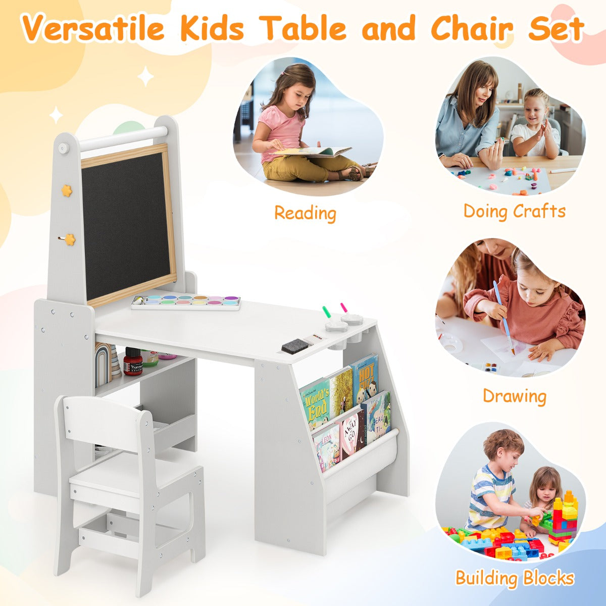 LIVSK Kinderkunsttafel en Stoelen Set - Dubbelzijdige Ezel met Whiteboard en Krijtbord - Ergonomische Stoel - Grijs