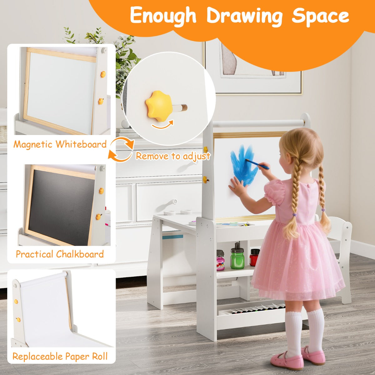 LIVSK Kinderkunsttafel en Stoelen Set - Dubbelzijdige Ezel met Whiteboard en Krijtbord - Ergonomische Stoel - Grijs