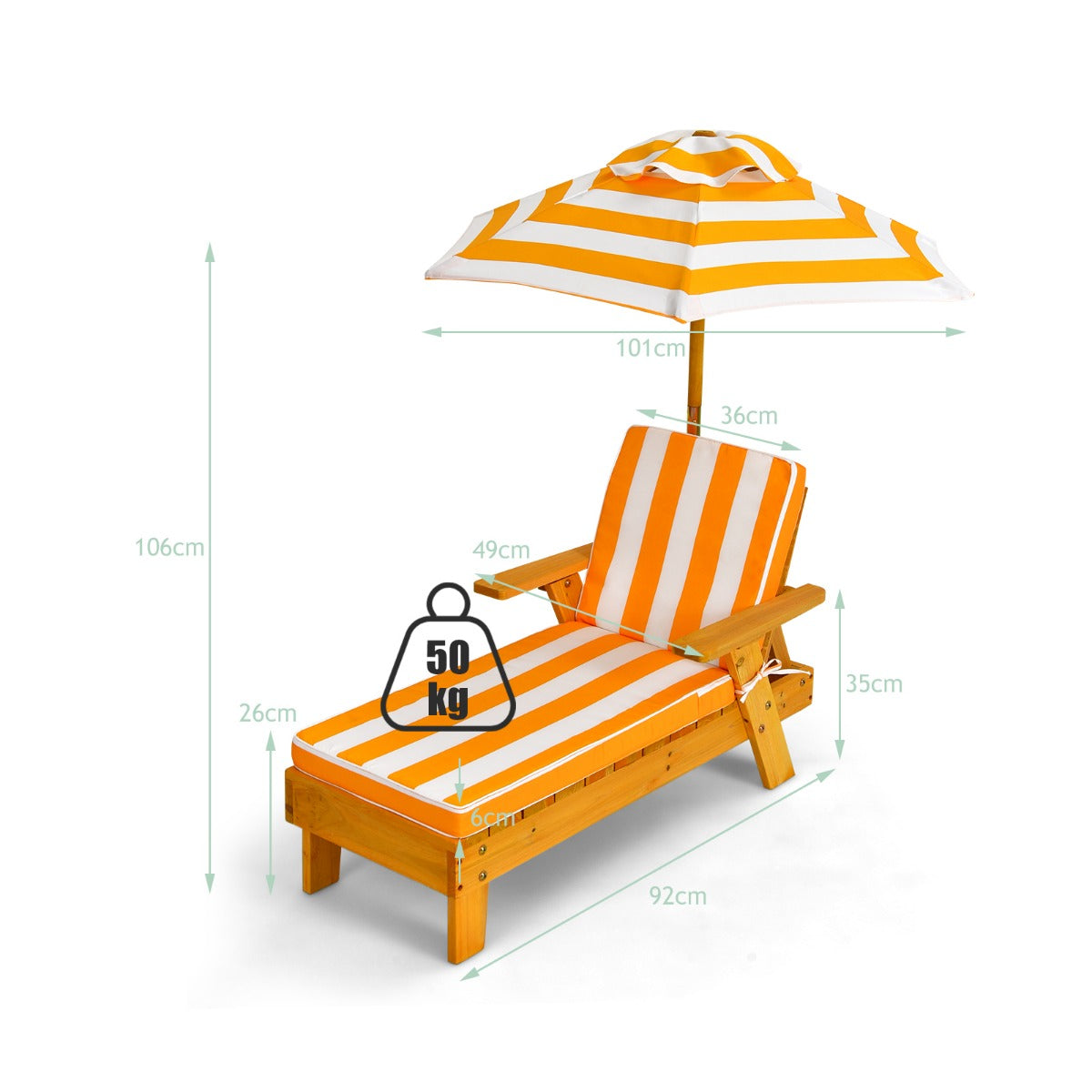 LIVSK Buiten Ligstoel voor Kinderen - Massief Sparrenhout - Verstelbare Parasol - Comfortabele Kussens - Geschikt voor Binnen en