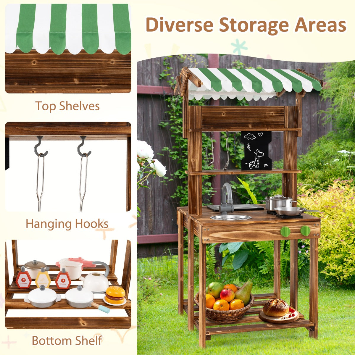 LIVSK Dubbele Modderkeuken - Houten Speelkeuken met BBQ-Grill - Inclusief Kookaccessoires - Voor Kinderen vanaf 3 jaar - Bruin