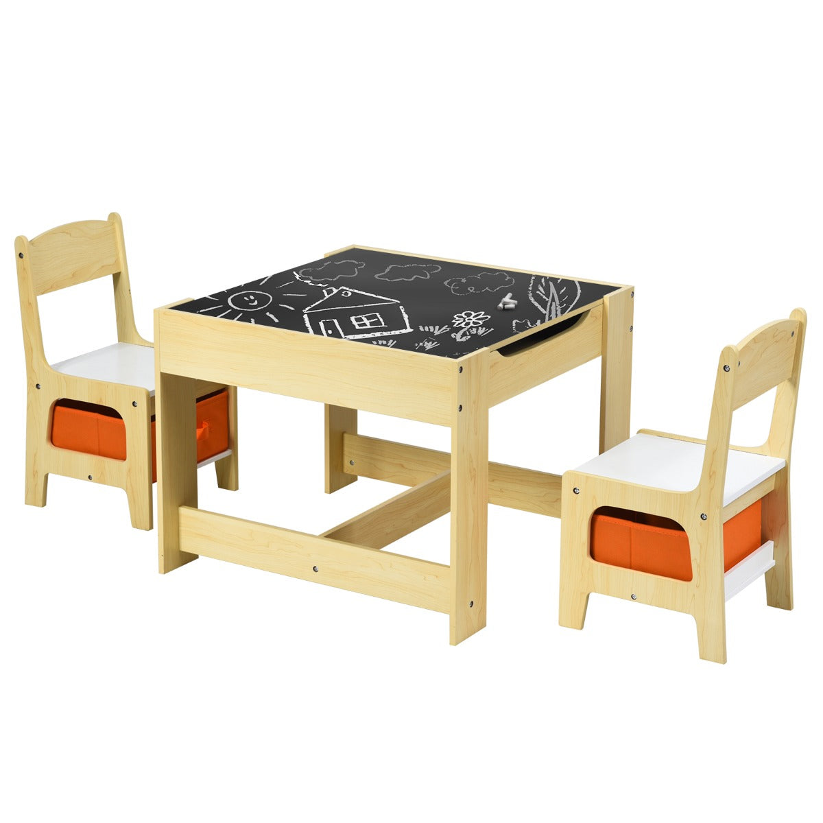 LIVSK Kindertafelset - 2-in-1 Tafelblad met Whiteboard en Schoolbord - Ergonomisch - Opbergruimte in Stoelen - Natuur