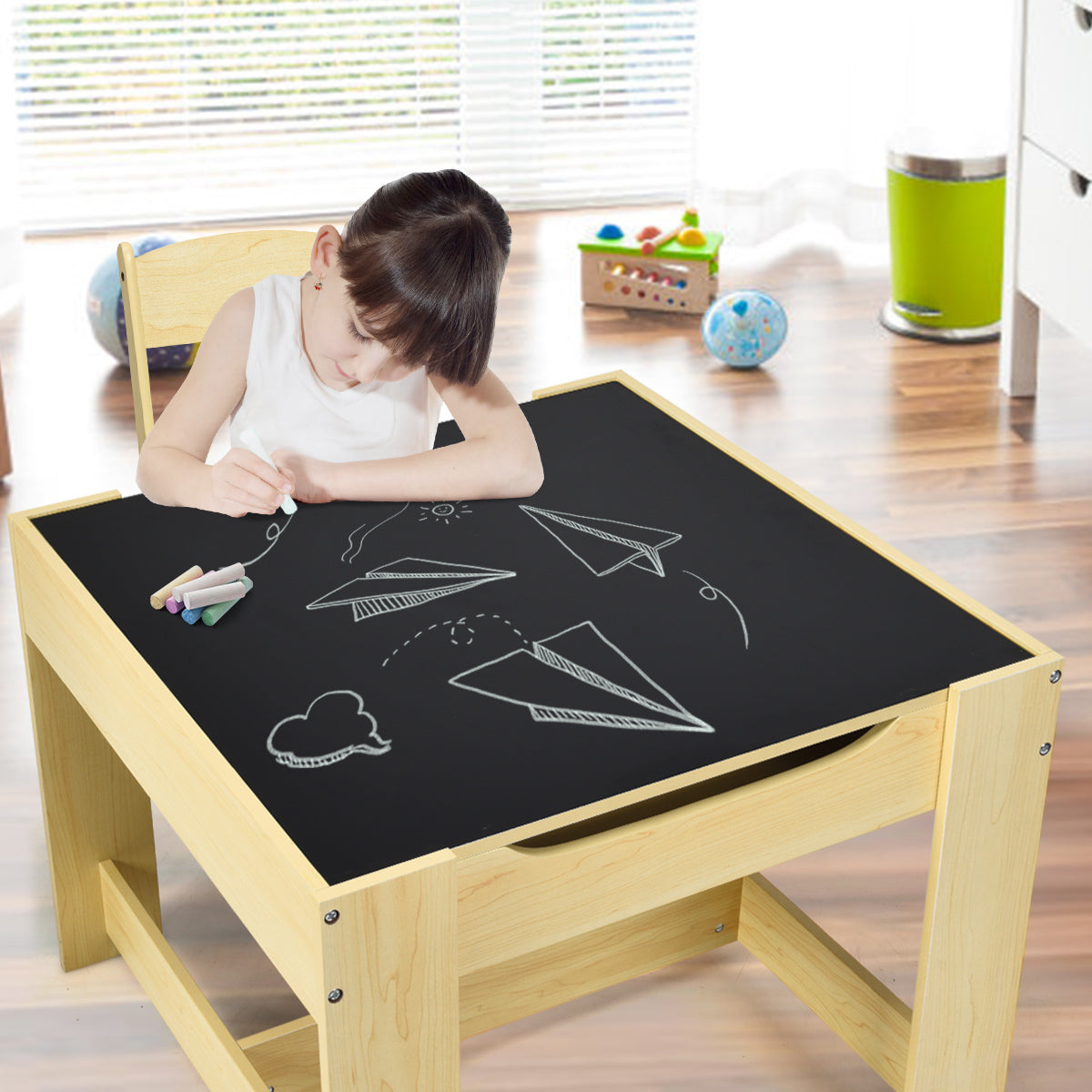 LIVSK Kindertafelset - 2-in-1 Tafelblad met Whiteboard en Schoolbord - Ergonomisch - Opbergruimte in Stoelen - Natuur