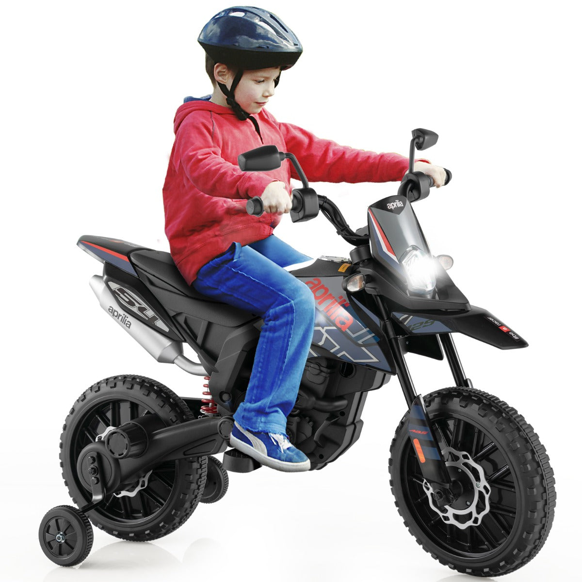 LIVSK Aprilia Kindermotorfiets - Draadloze Muziek - Stabiele Structuur - 5,5-6 km/u - Geschikt voor 3-8 jaar - Blauw