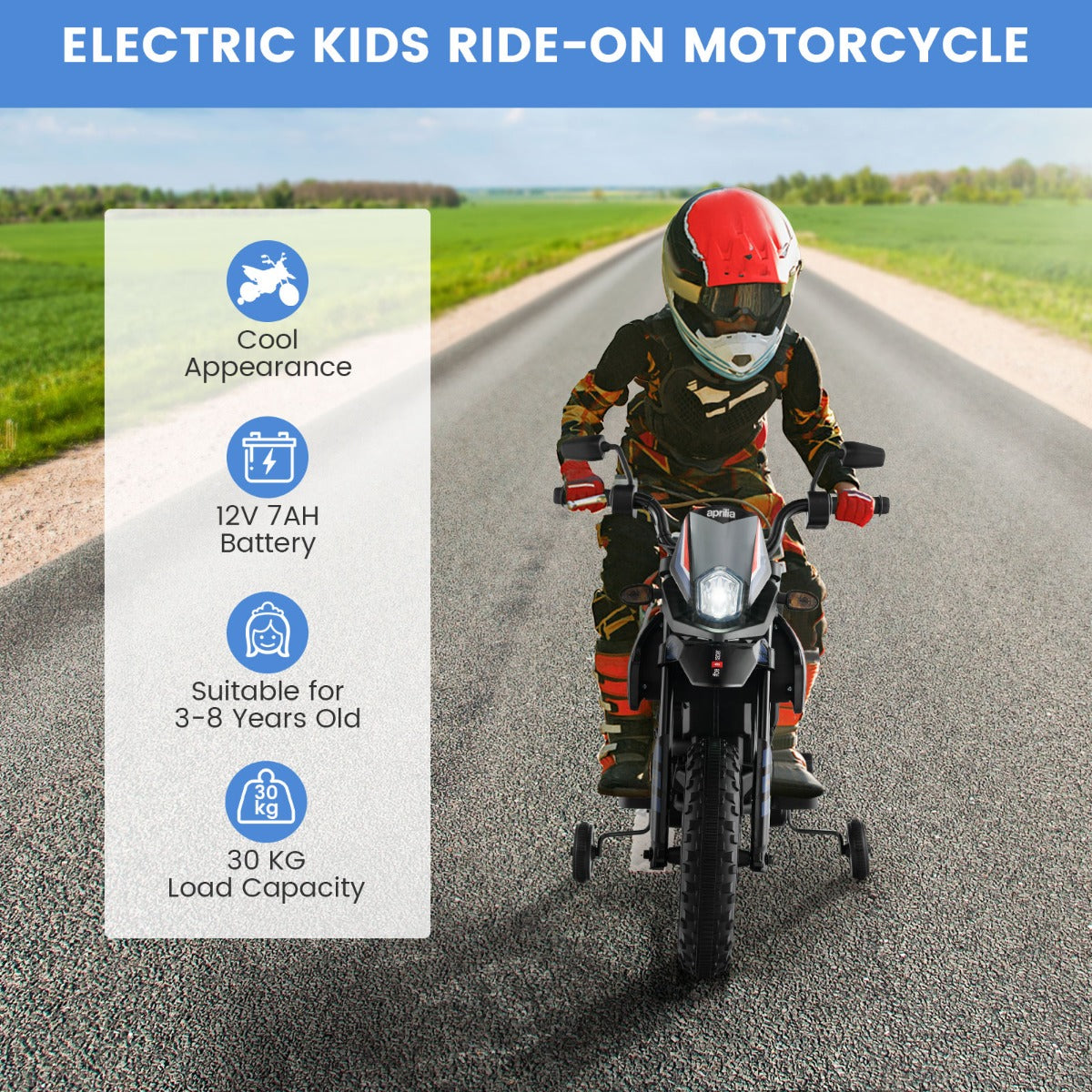 LIVSK Aprilia Kindermotorfiets - Draadloze Muziek - Stabiele Structuur - 5,5-6 km/u - Geschikt voor 3-8 jaar - Blauw