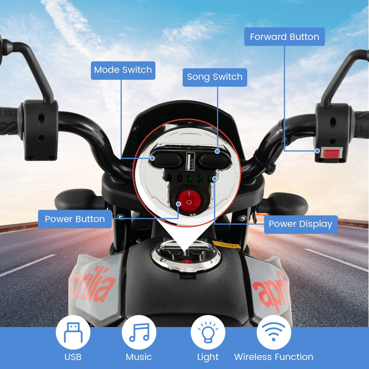 LIVSK Aprilia Kindermotorfiets - Draadloze Muziek - Stabiele Structuur - 5,5-6 km/u - Geschikt voor 3-8 jaar - Blauw