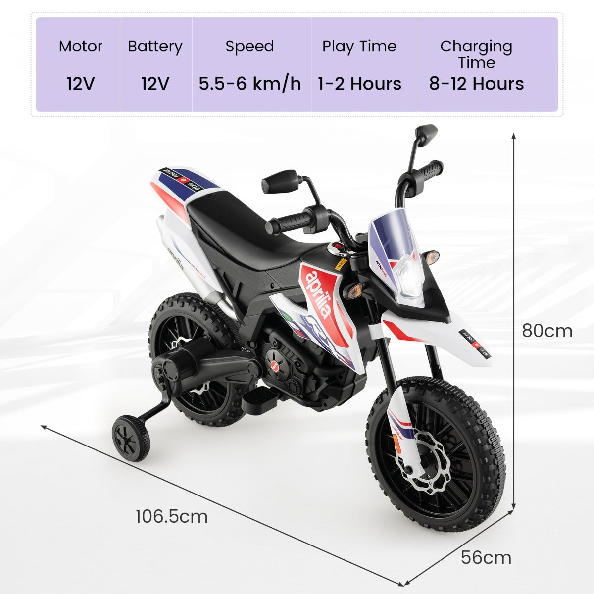 LIVSK Kindermotorfiets met Aprilia-licentie - 2 Motoren - 5,5-6 km/u - USB en Draadloze Muziek - Vering en Steunwielen - Wit