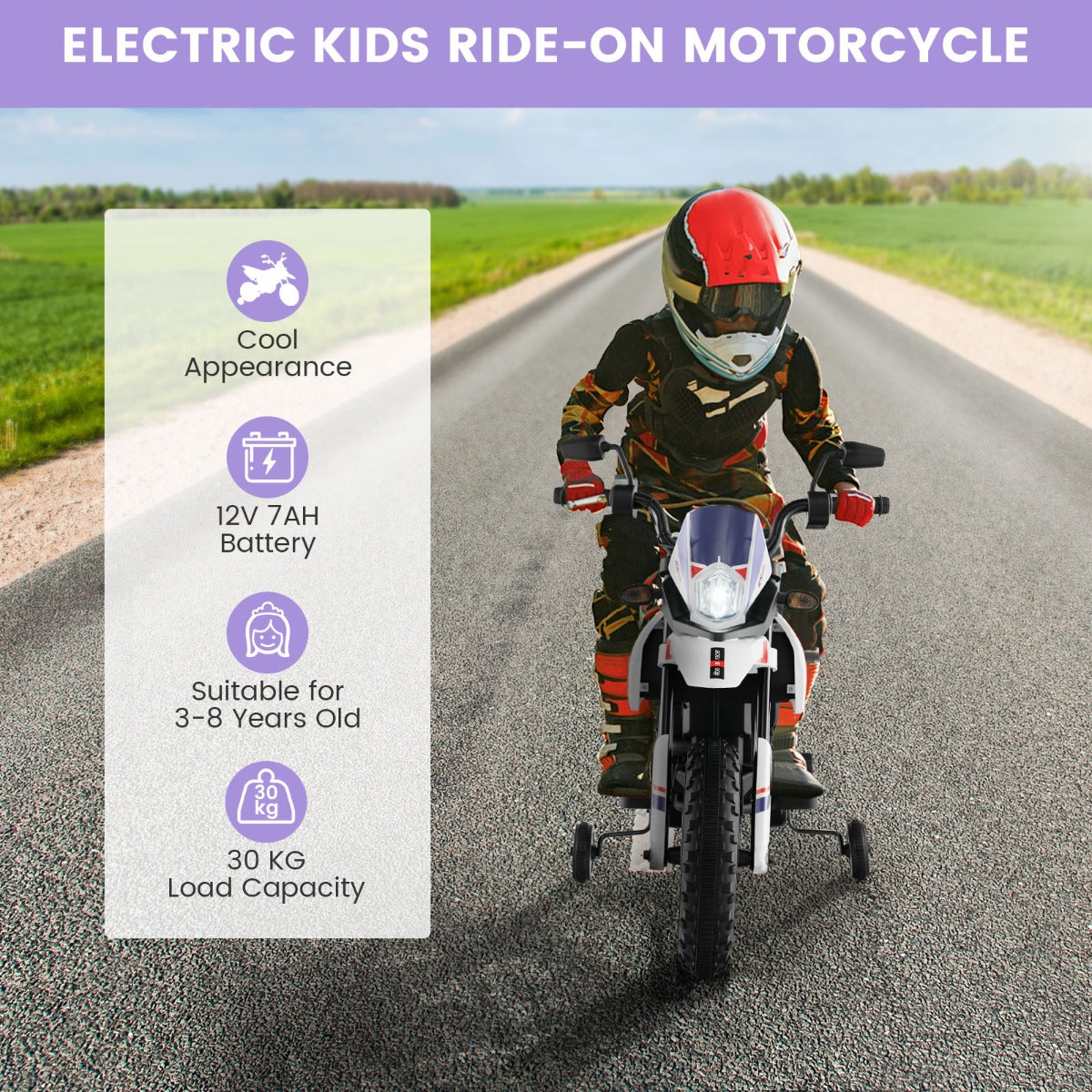 LIVSK Kindermotorfiets met Aprilia-licentie - 2 Motoren - 5,5-6 km/u - USB en Draadloze Muziek - Vering en Steunwielen - Wit