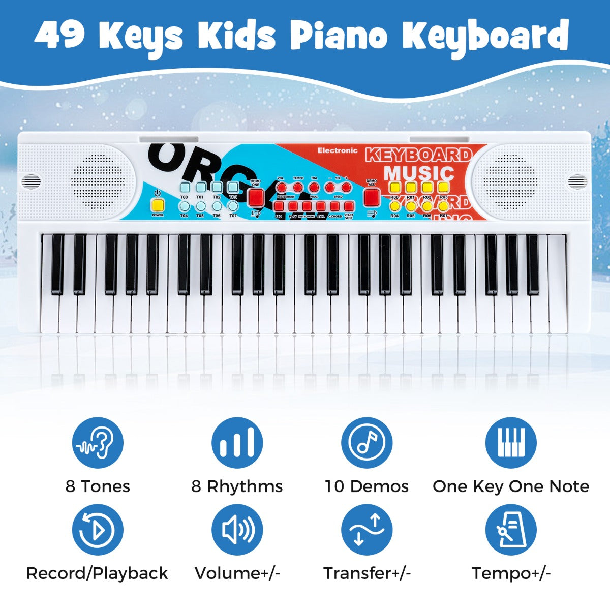 Livsk costway kinderpiano keyboard 49 toetsen draagbaar elektrisch keyboard met 8 ritmes 8 geluiden 10 demos wit 3