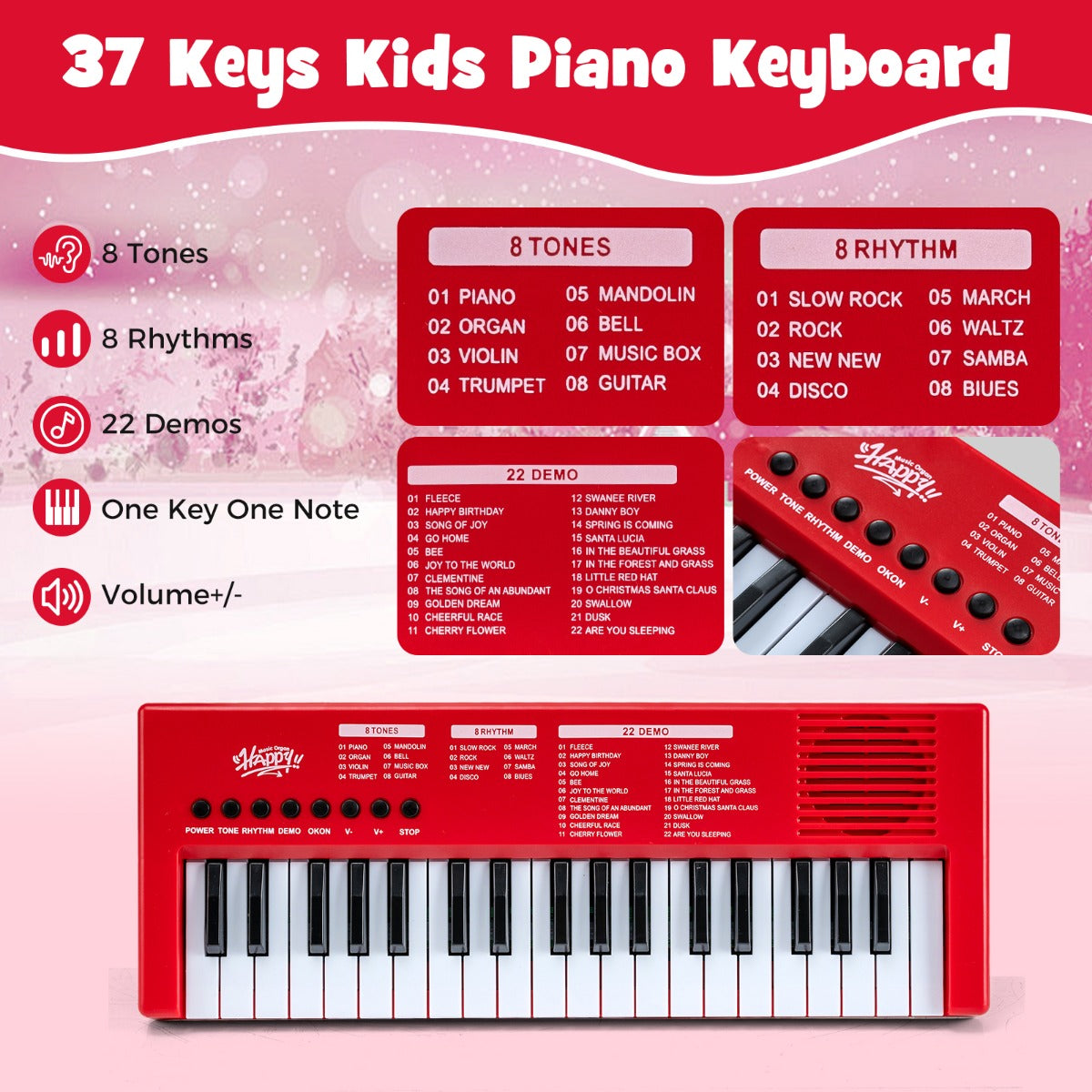 Livsk costway kinderpianoklavier draagbare elektronische piano met 37 toetsen 8 ritmes 8 tonen en 22 demosongs rood 2