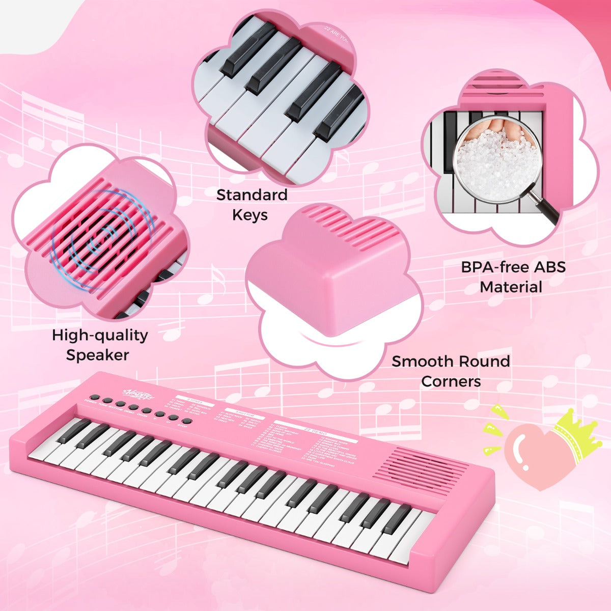 Livsk costway kinderpianoklavier draagbare elektronische piano met 37 toetsen 8 ritmes 8 tonen en 22 demosongs roze 3