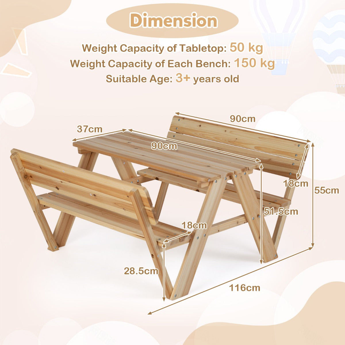 Livsk costway kinderpicknicktafel houten peutertafel en stoelenset voor buiten kindermeubelset 2