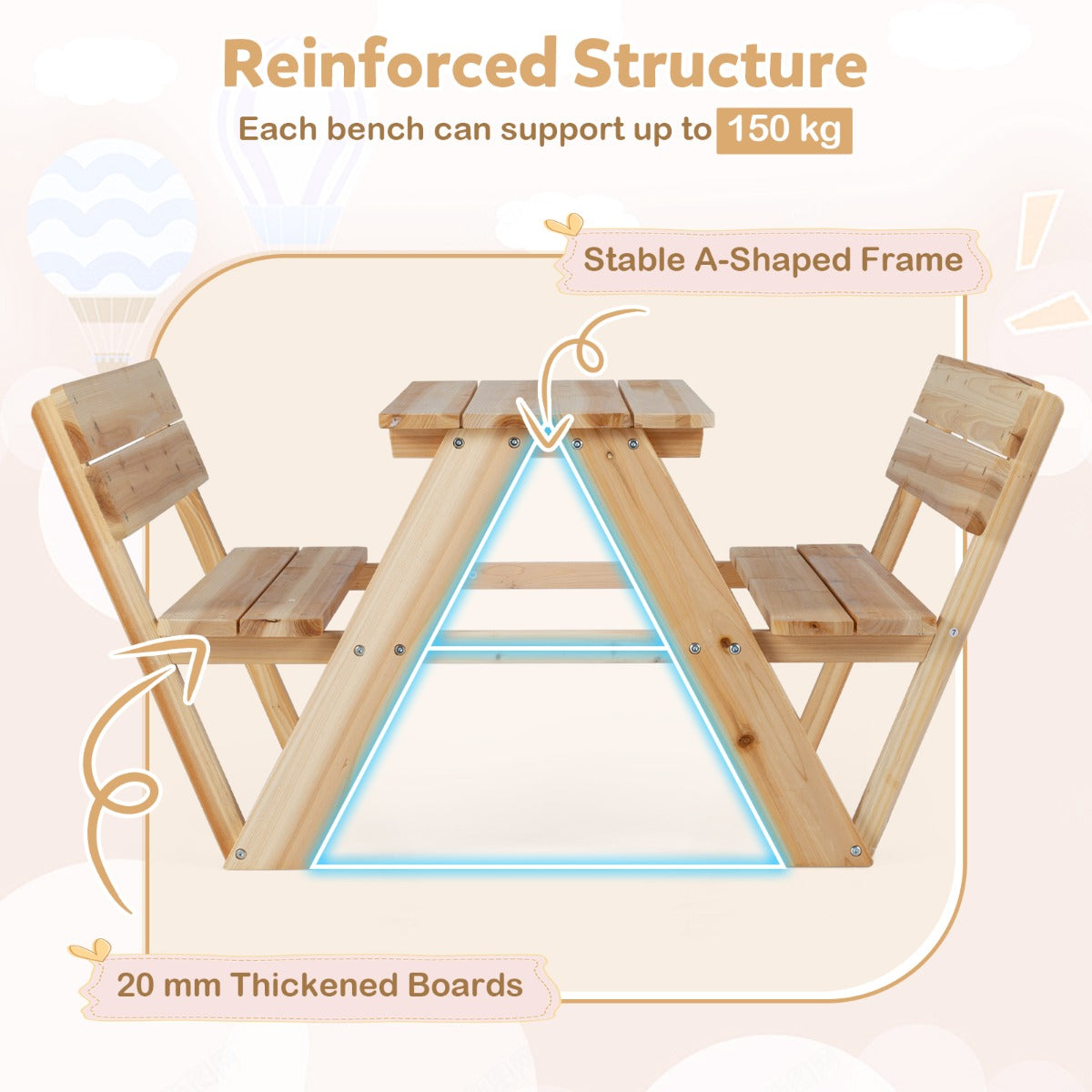 Livsk costway kinderpicknicktafel houten peutertafel en stoelenset voor buiten kindermeubelset 3