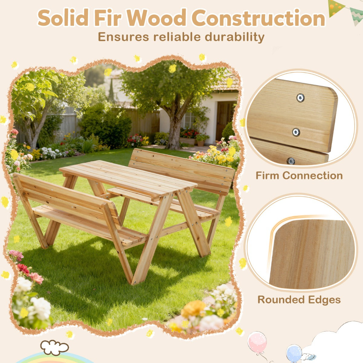 Livsk costway kinderpicknicktafel houten peutertafel en stoelenset voor buiten kindermeubelset 4