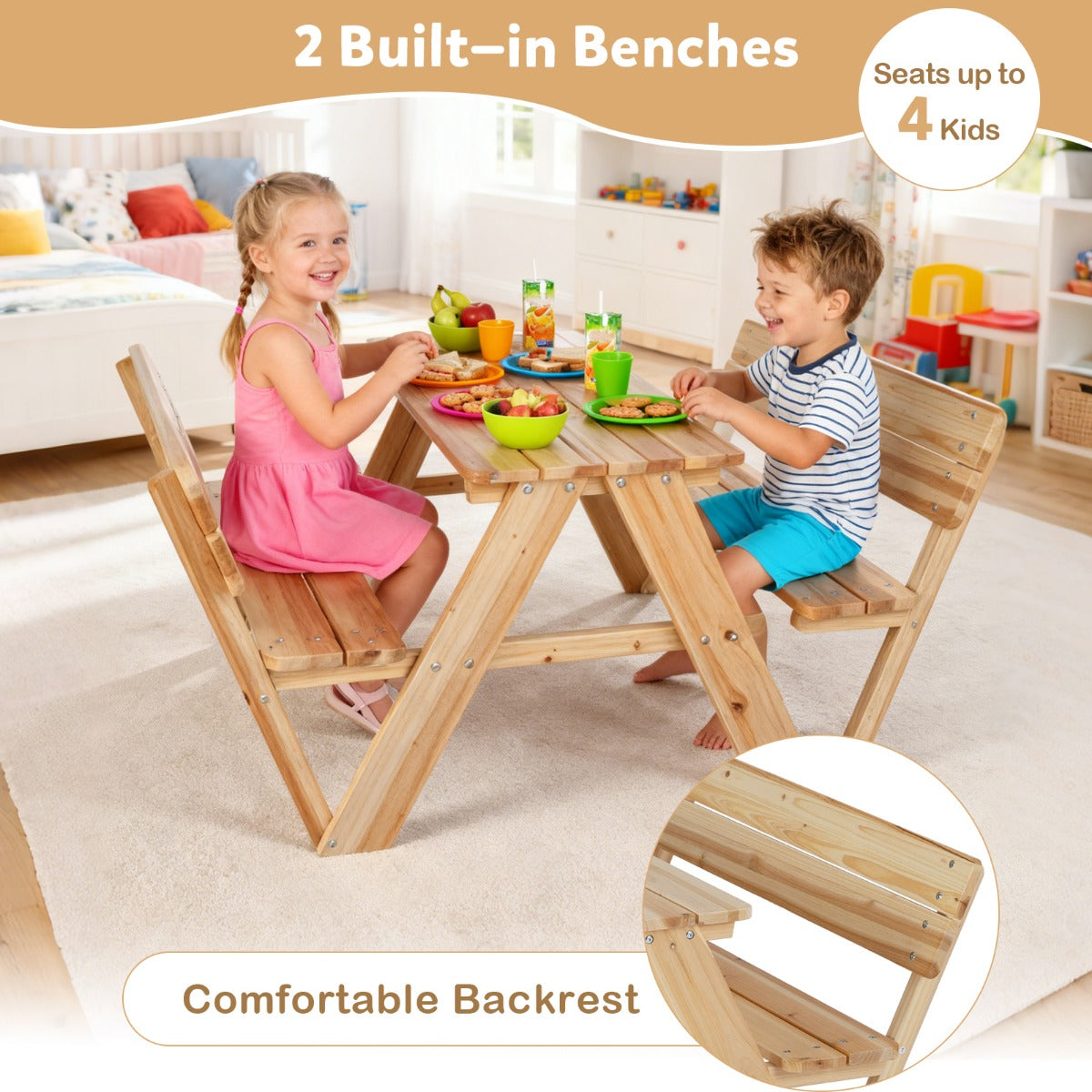 Livsk costway kinderpicknicktafel houten peutertafel en stoelenset voor buiten kindermeubelset 5